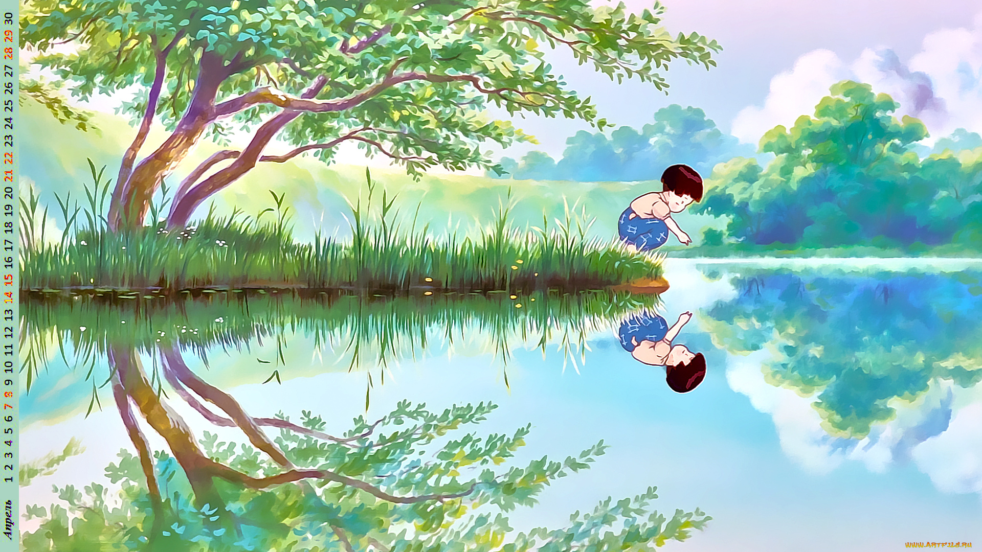 календари, аниме, девочка, отражение, водоем, растения