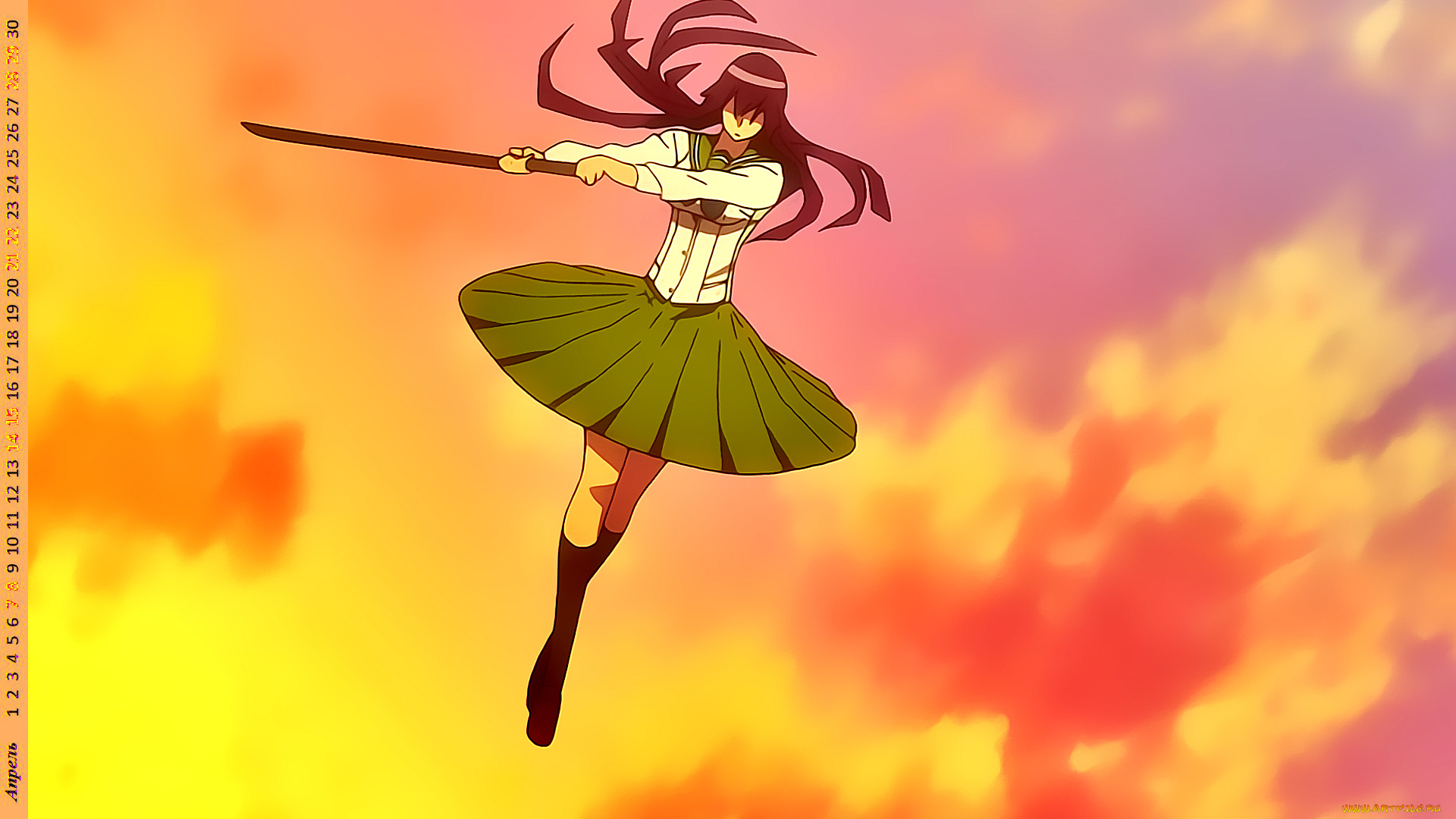 календари, аниме, девушка, оружие, полет