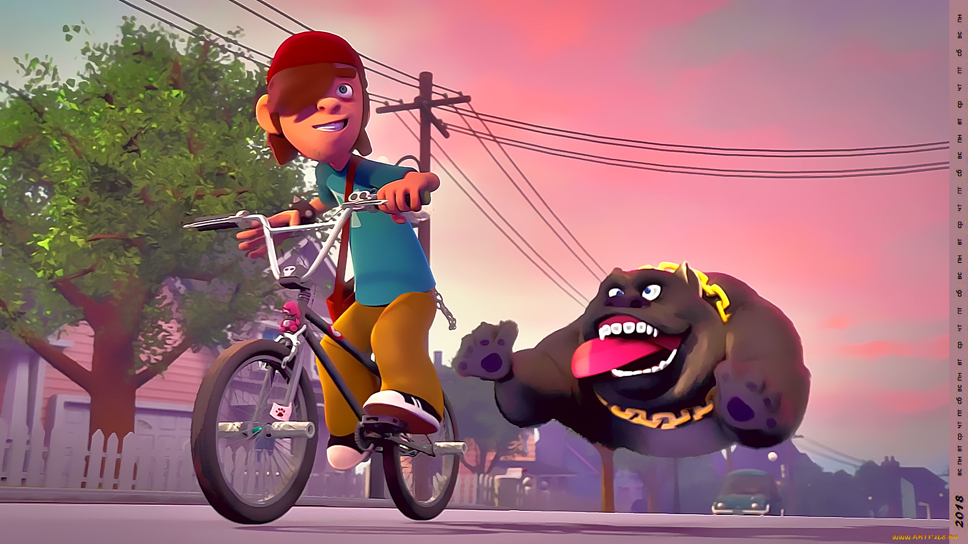 календари, кино, , мультфильмы, мальчик, собака, велосипед