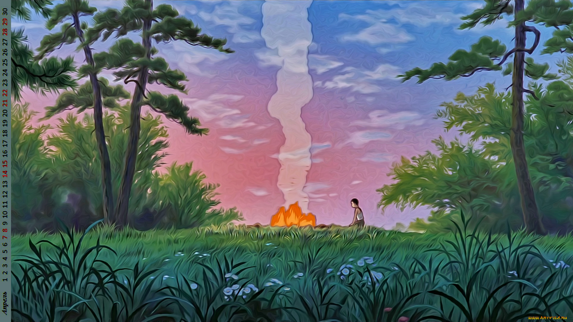 календари, рисованные, , векторная, графика, костер, растения