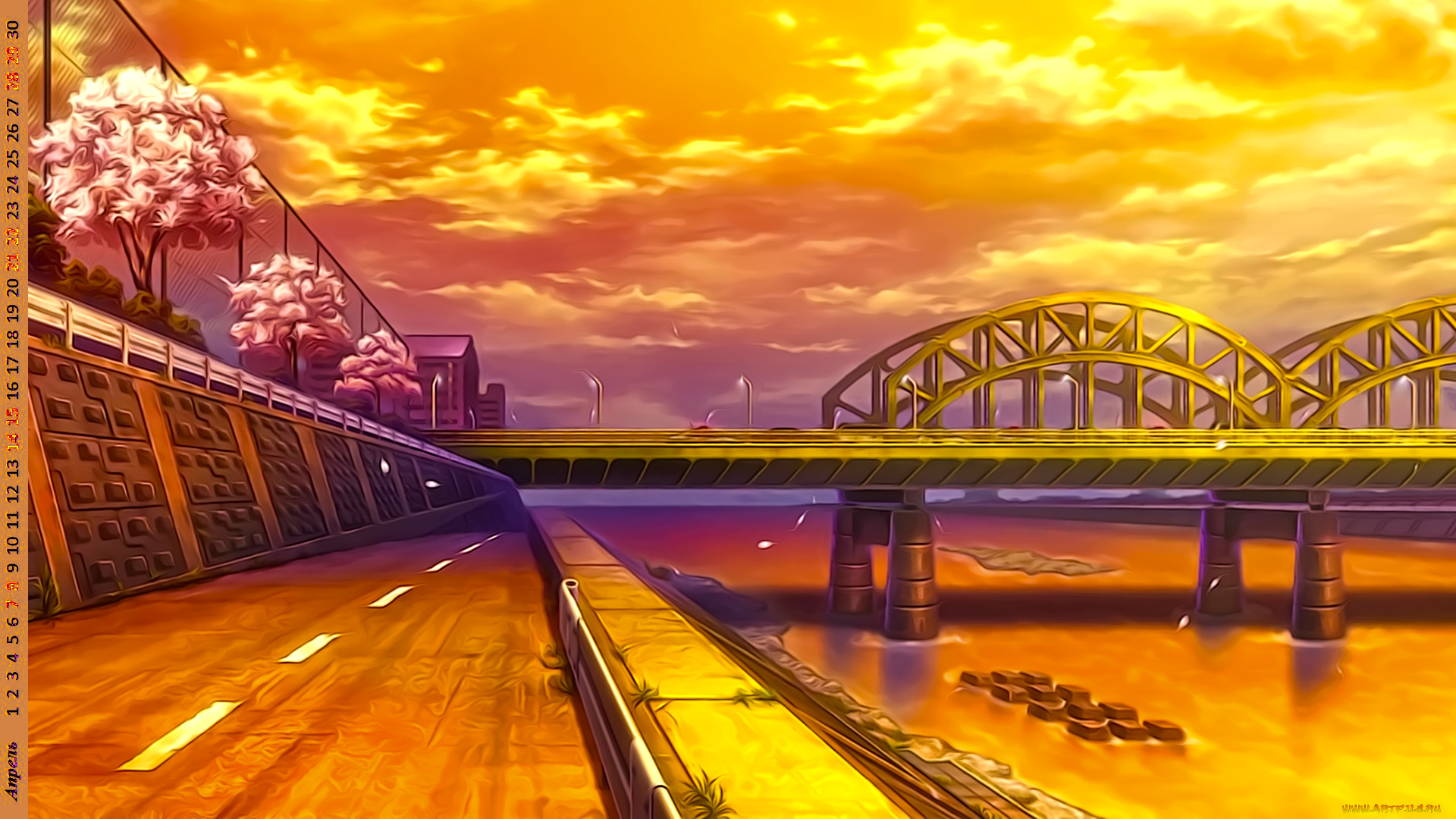 календари, рисованные, , векторная, графика, водоем, мост, дорога, деревья