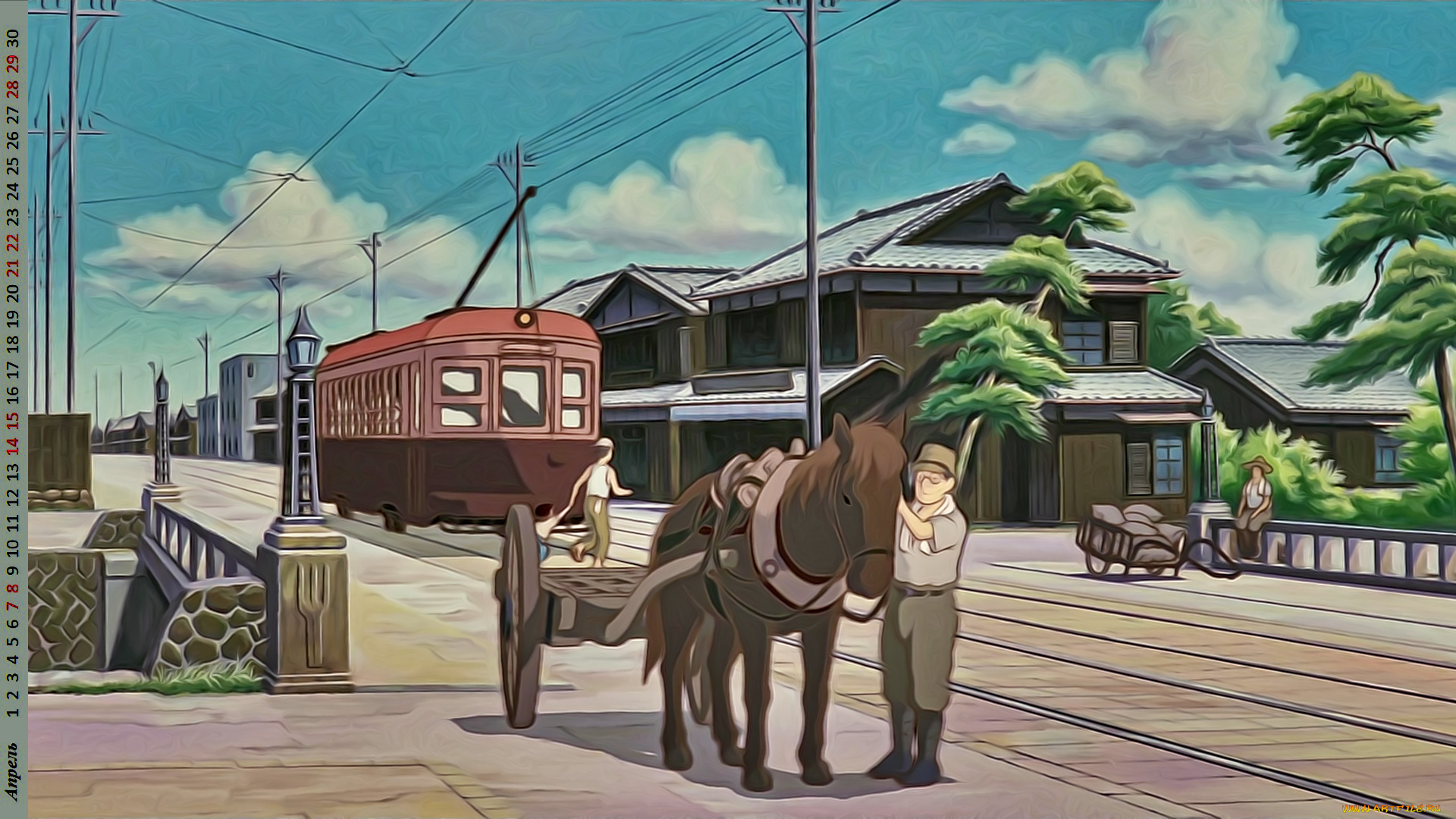 календари, рисованные, , векторная, графика, лошадь, трамвай, люди, здание