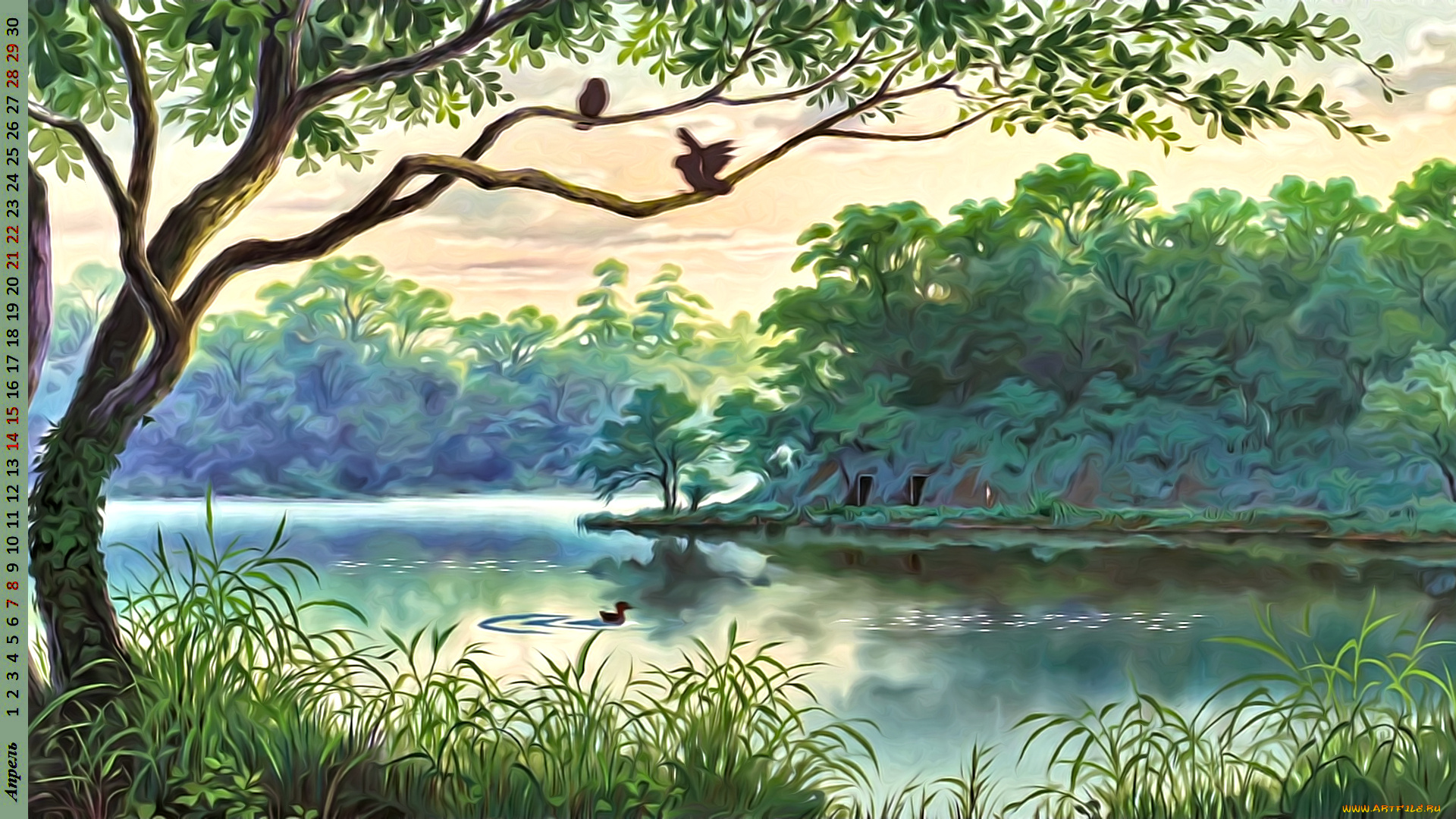 календари, рисованные, , векторная, графика, водоем, растения, природа