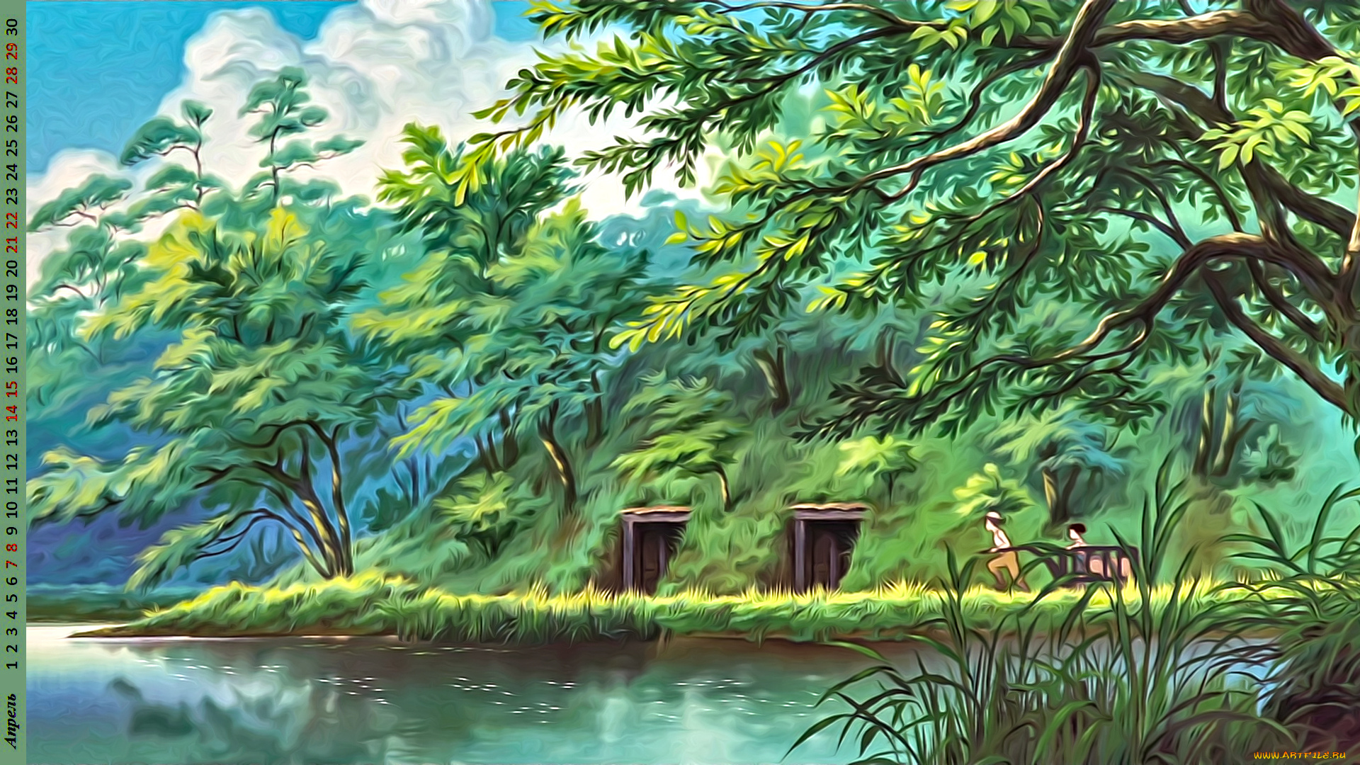 календари, рисованные, , векторная, графика, водоем, растения, природа