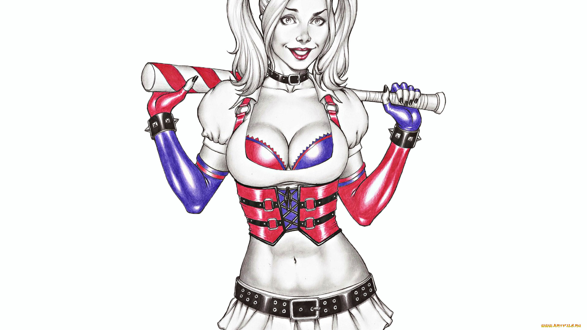 рисованное, комиксы, девушка, фон, улыбка, бита