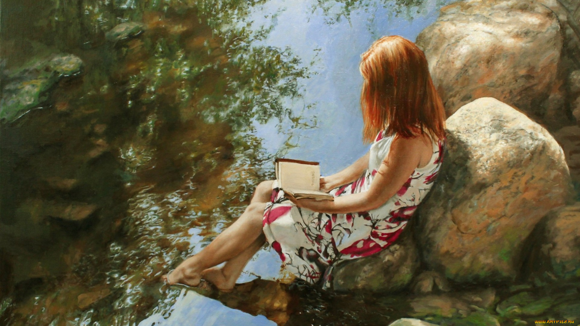 рисованное, живопись, девушка, камни, вода, книга, рыжая