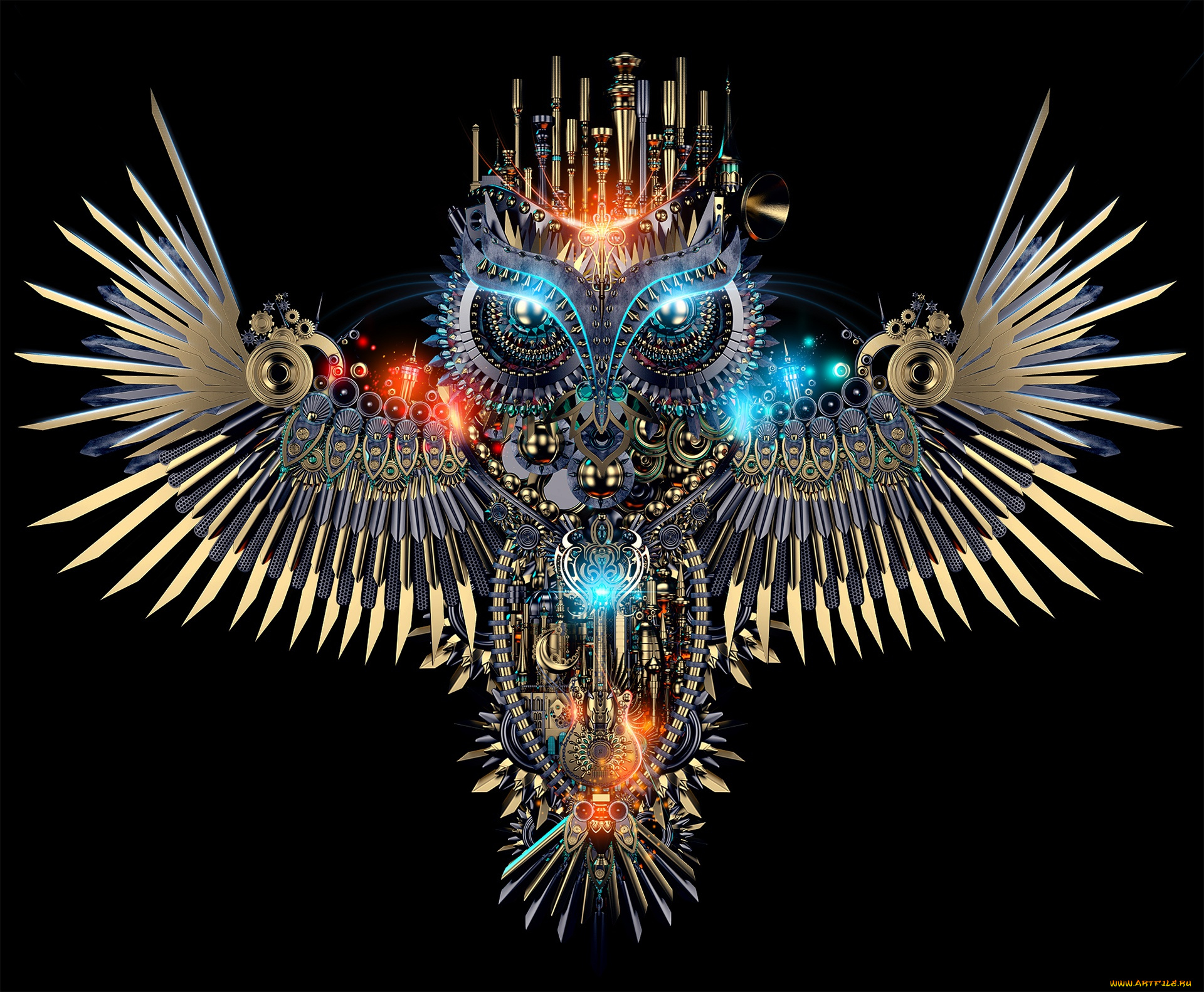 фэнтези, существа, механизм, птица, фон, сова