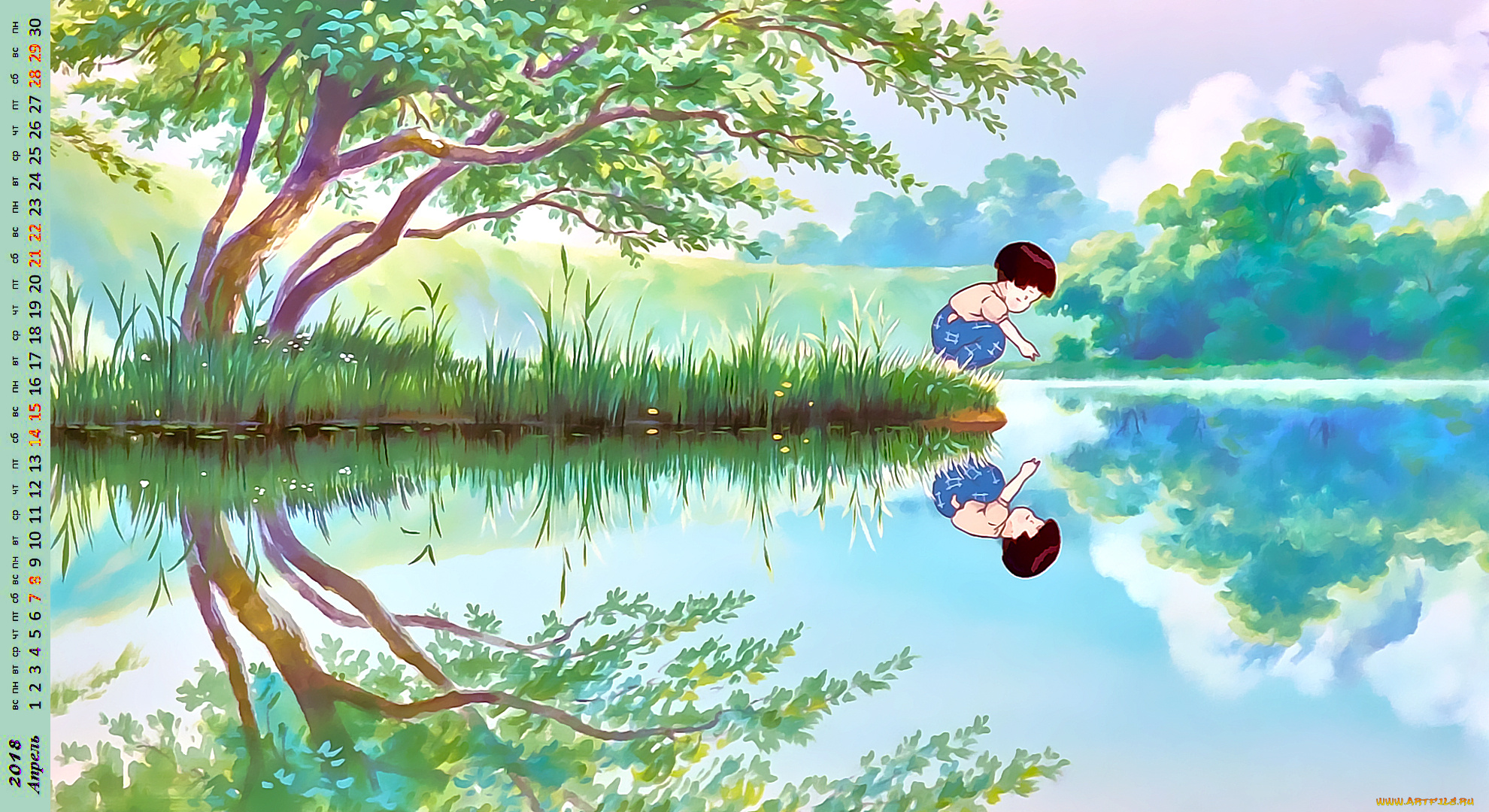 календари, аниме, девочка, отражение, водоем, растения