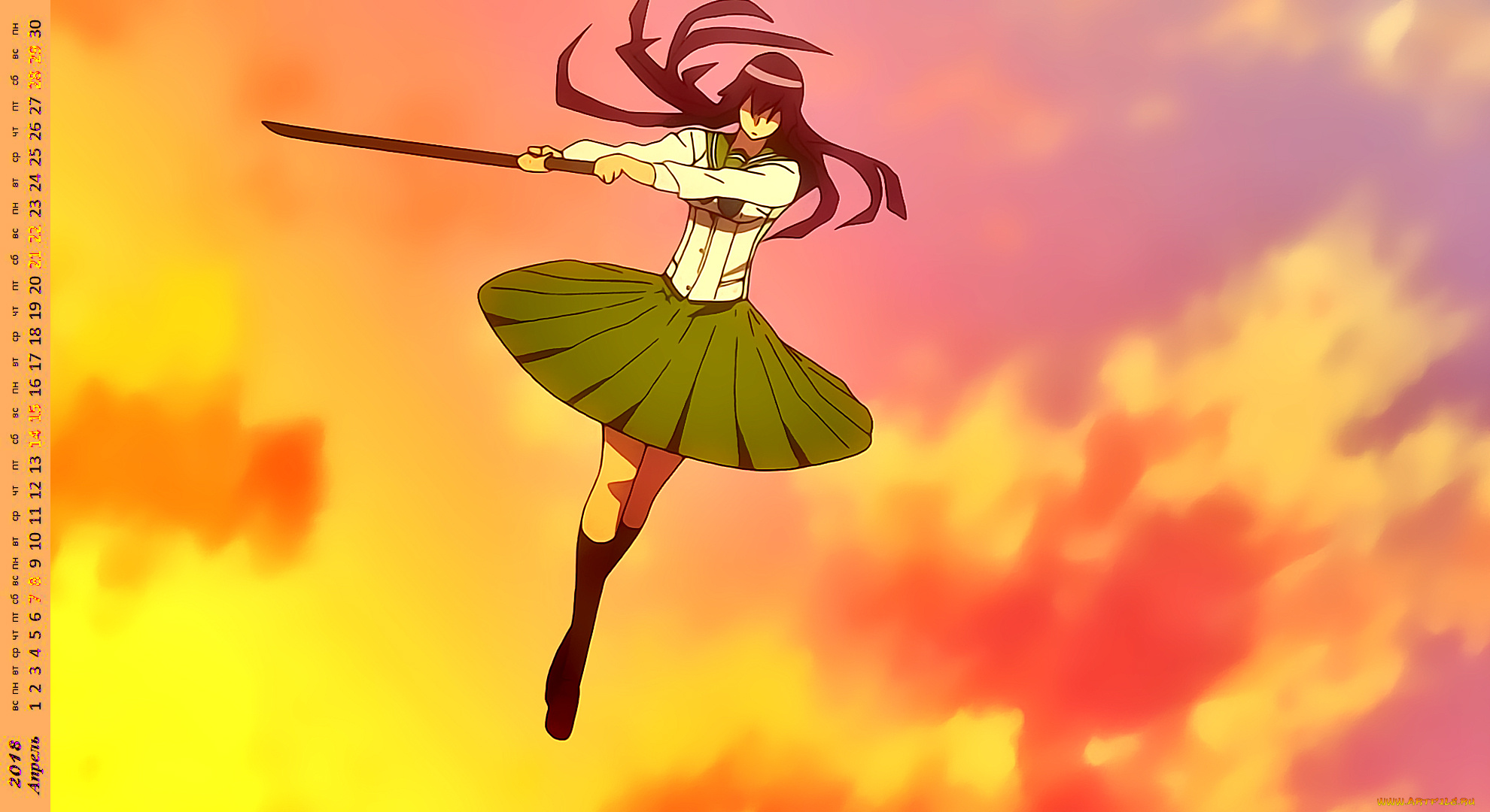 календари, аниме, девушка, оружие, полет