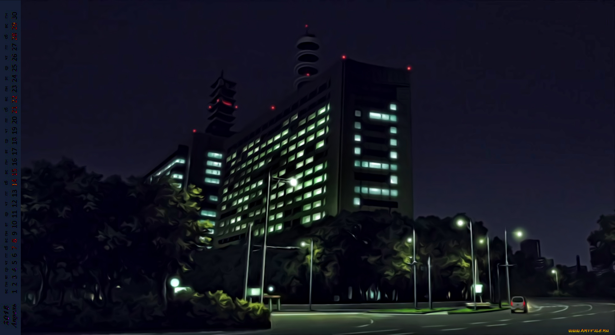 календари, рисованные, , векторная, графика, здание, ночь