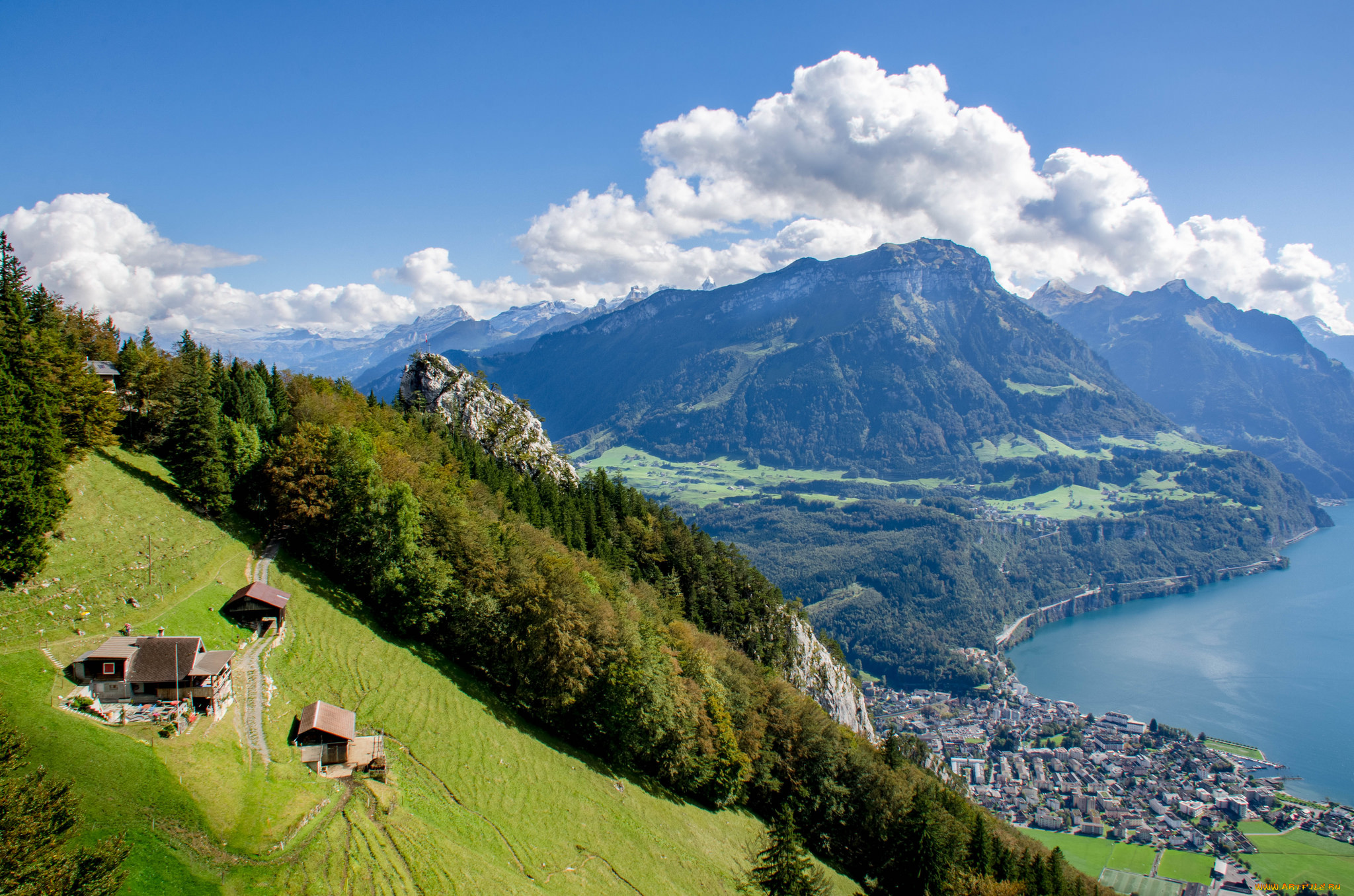 canton, schwyz, , switzerland, города, -, пейзажи, озеро, горы