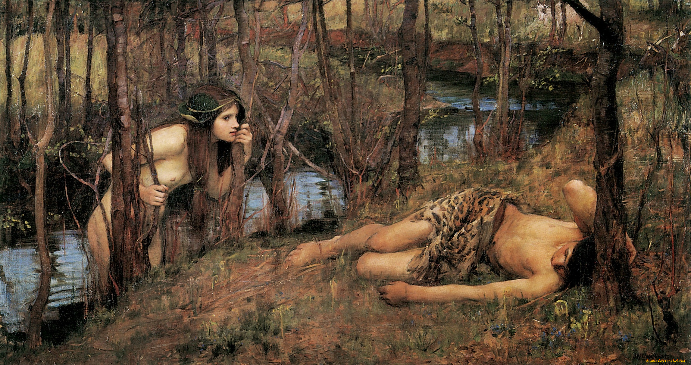 a, naiad, or, hylas, with, a, nymph, , john, william, waterhouse, рисованное, john, william, waterhouse, берег, нимфа, ручей, парень