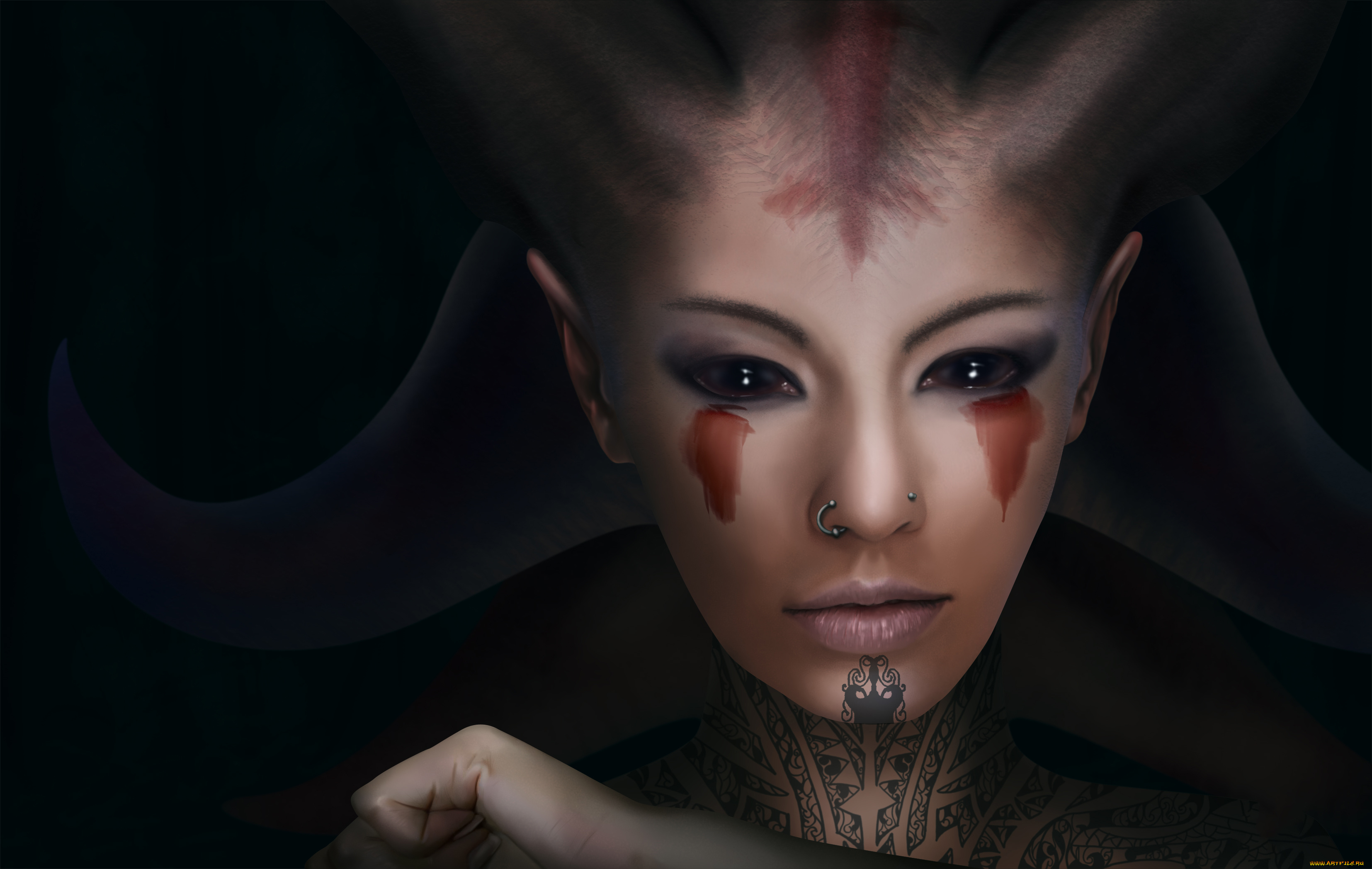 фэнтези, существа, существо, пирсинг, взгляд, фон, девушка