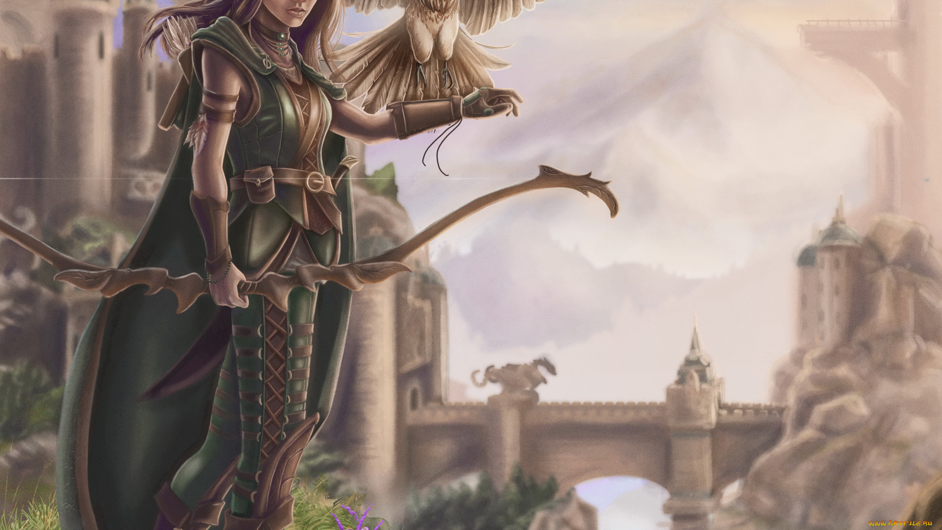 фэнтези, эльфы, девушка, фон, взгляд, униформа, сокол, лук