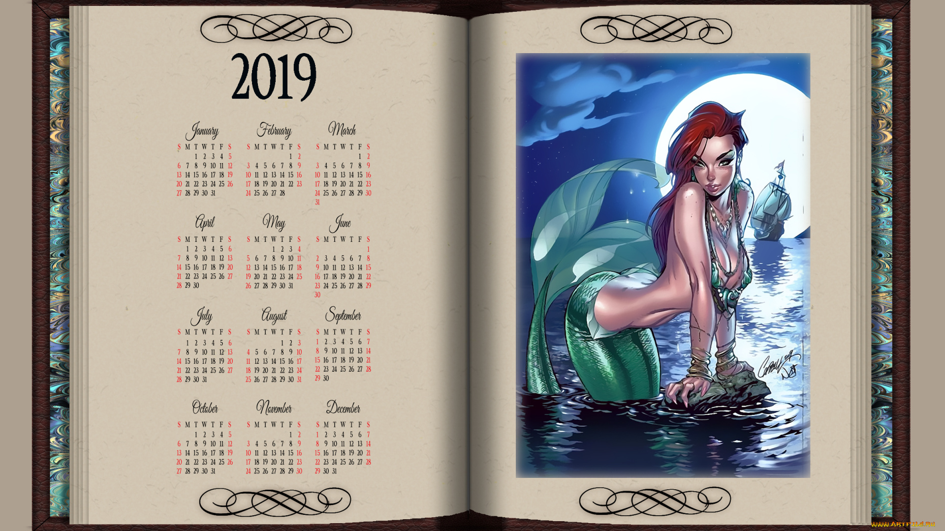 календари, фэнтези, водоем, русалка, парусник, луна, книга