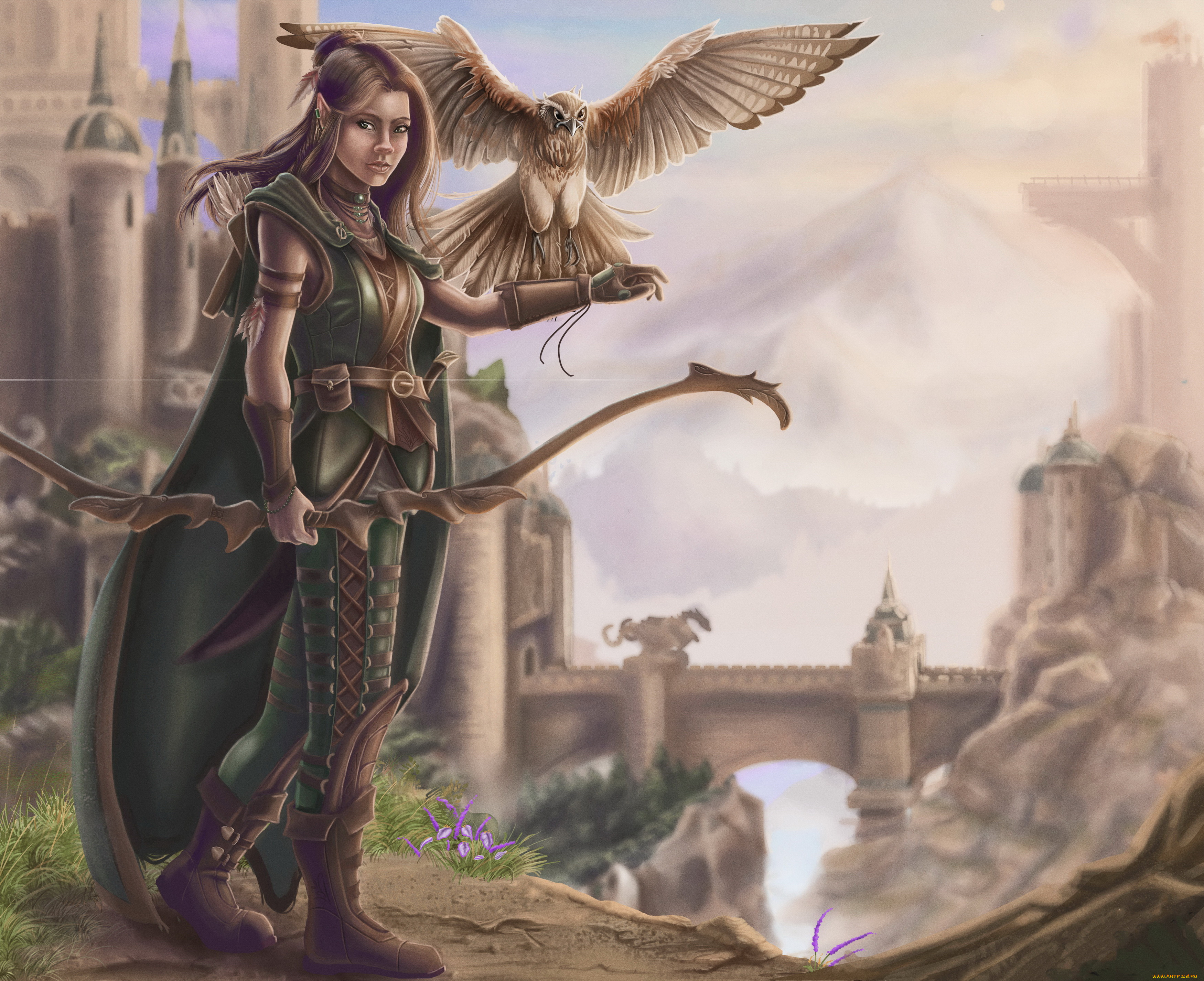 фэнтези, эльфы, девушка, фон, взгляд, униформа, сокол, лук
