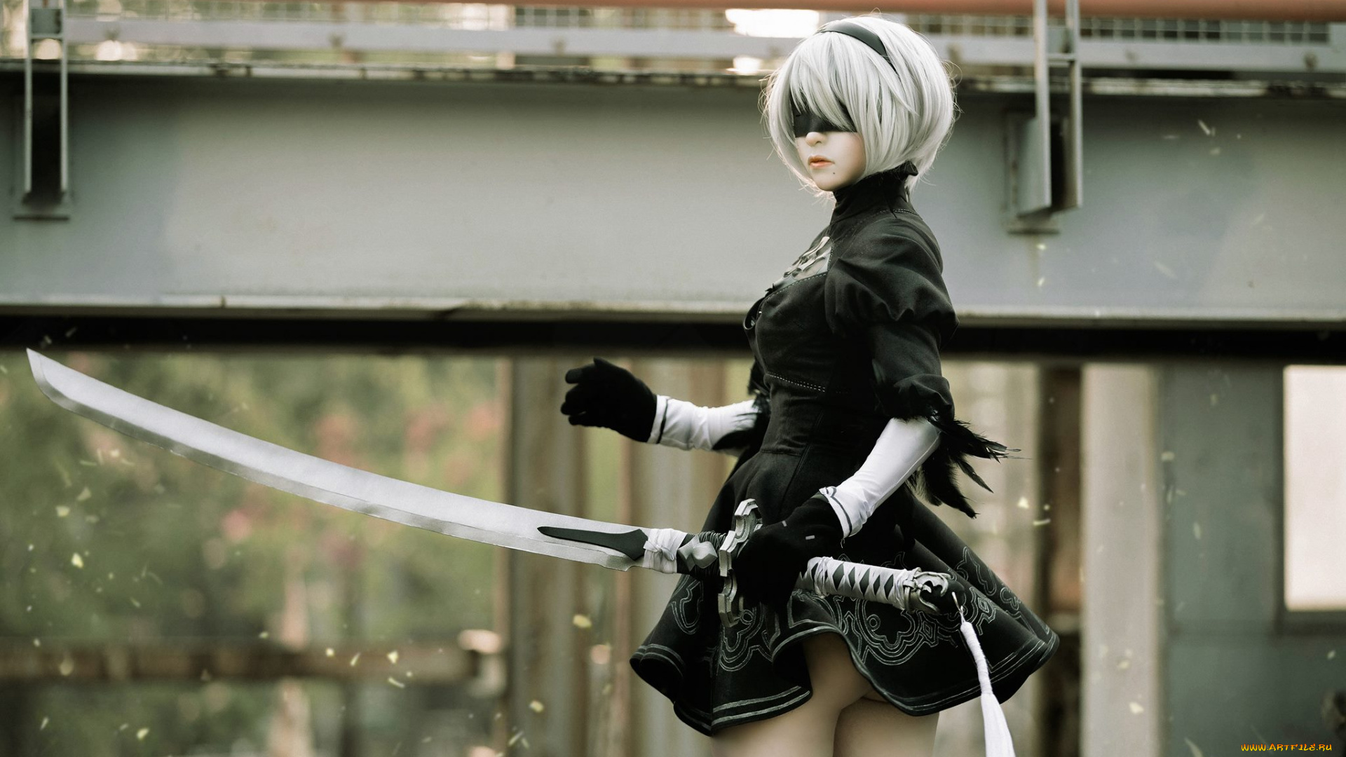 девушки, -, креатив, , косплей, 2в, андроид, девушка, меч, развалины