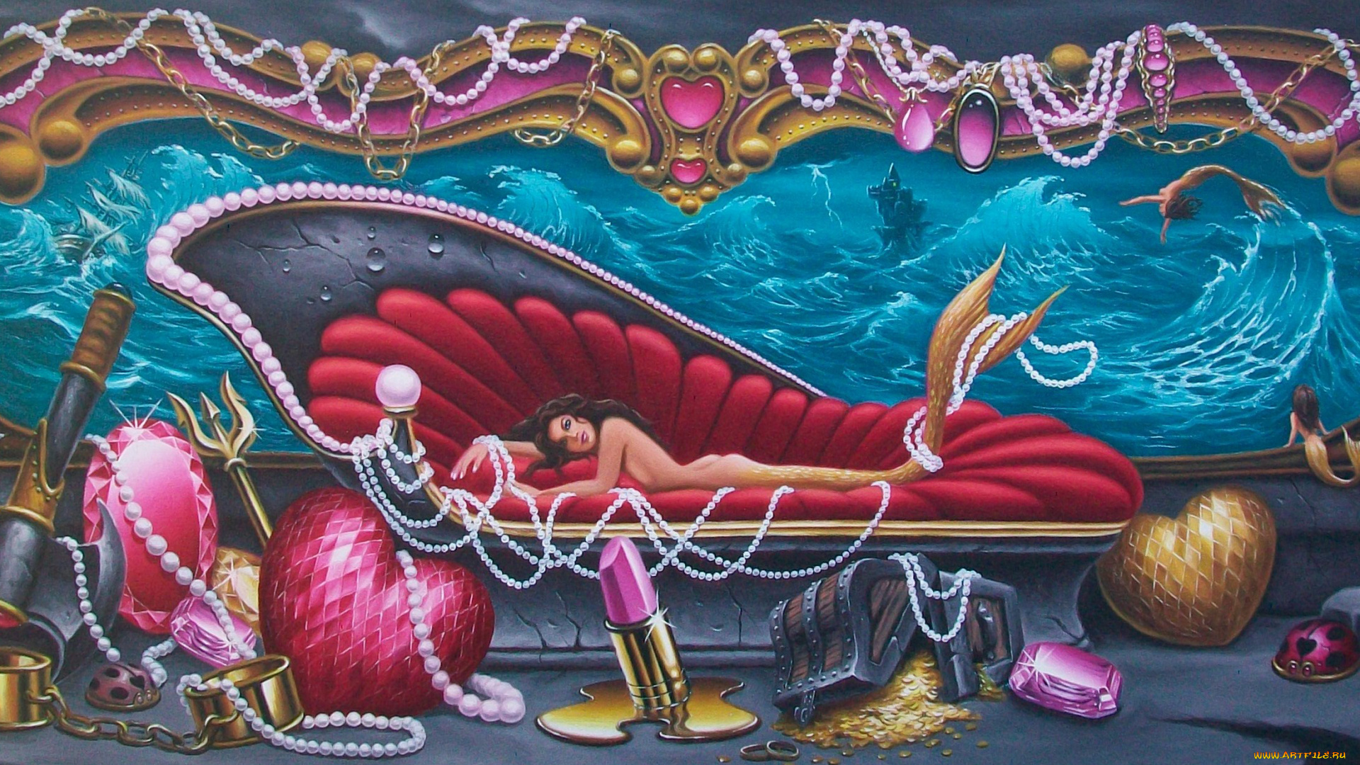 фэнтези, русалки, девушка, фон, взгляд, вода, сокровища, хвост