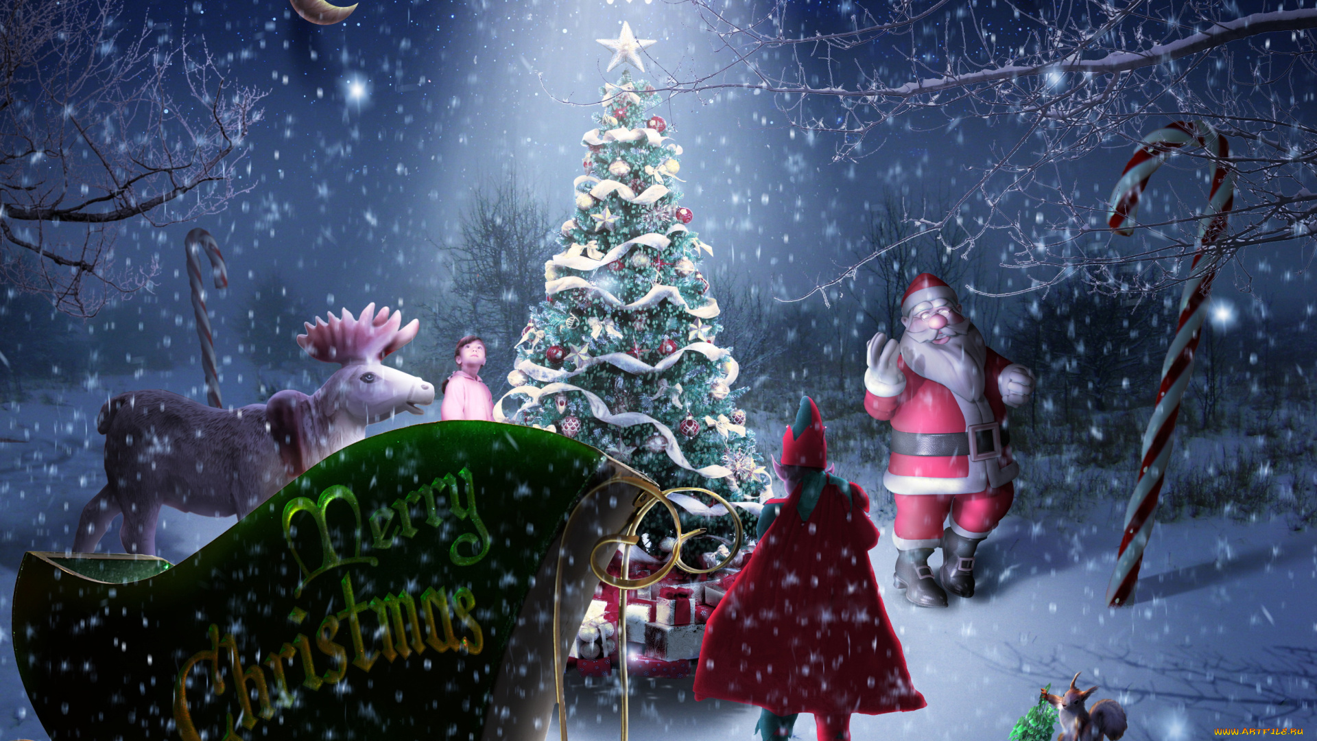 праздничные, -, разное, , новый, год, упряжка, фон, олень, елка, дед, мороз