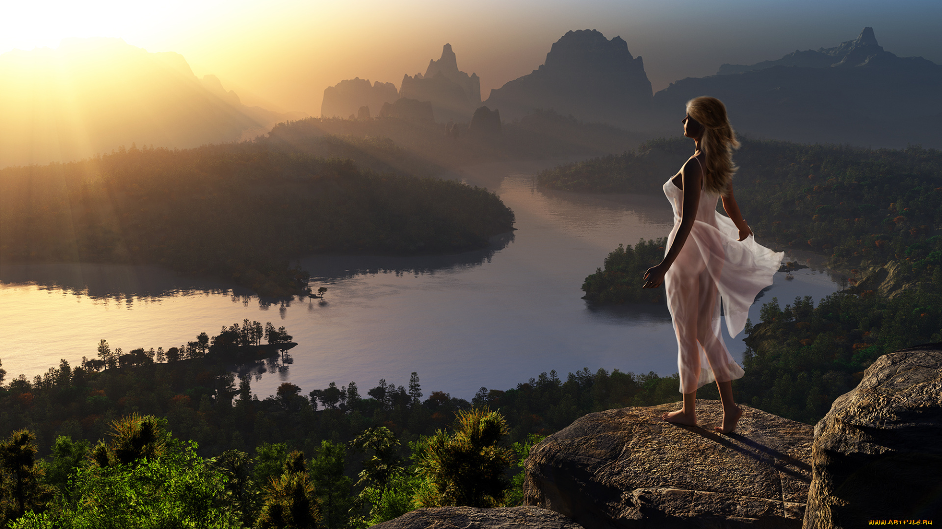 3д, графика, люди, , people, девушка, фон, горы, речка