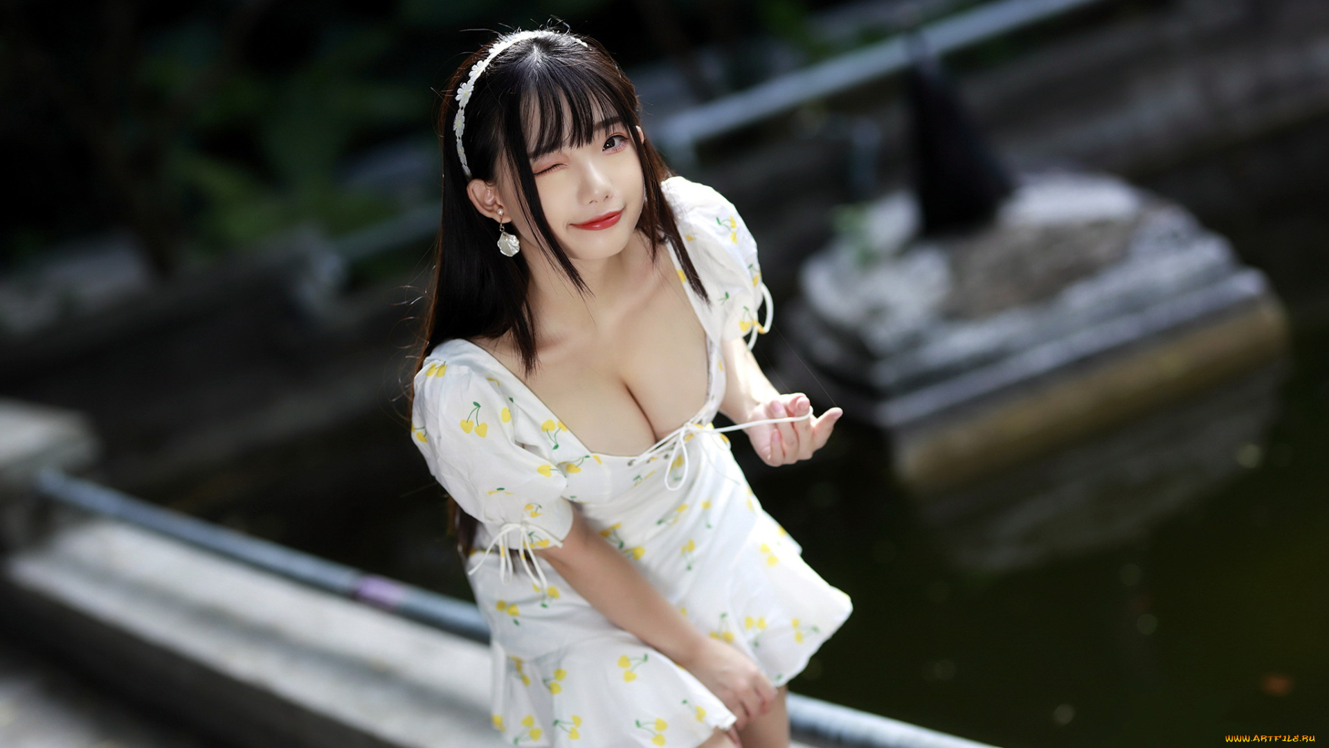 девушки, -, азиатки, азиатка, платье, декольте