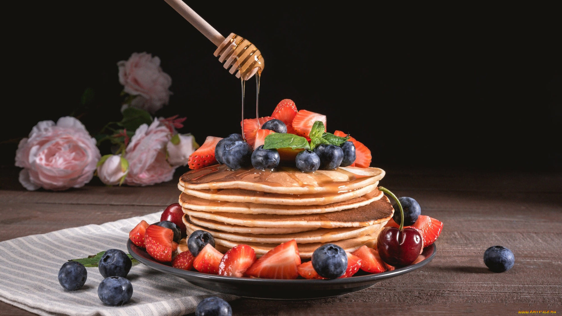 еда, блины, , оладьи, мед, ягоды