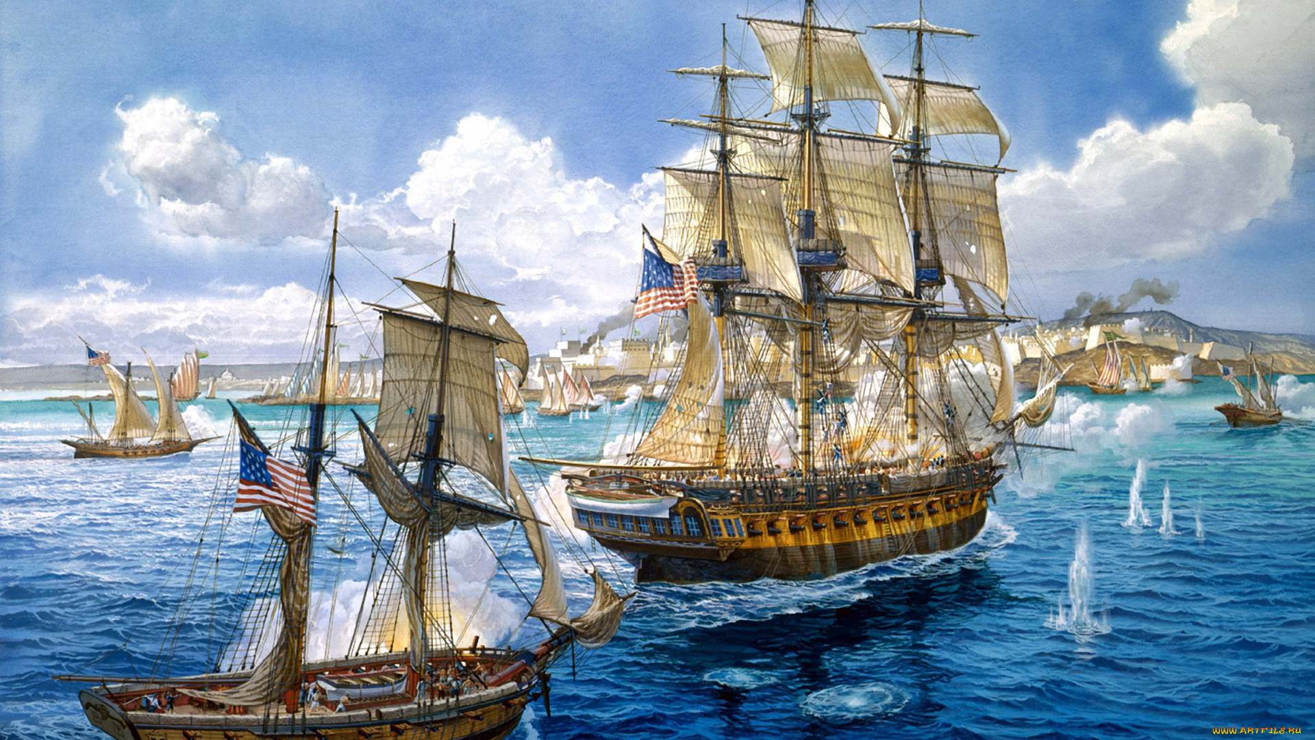 корабли, рисованные, парусники, море, берег