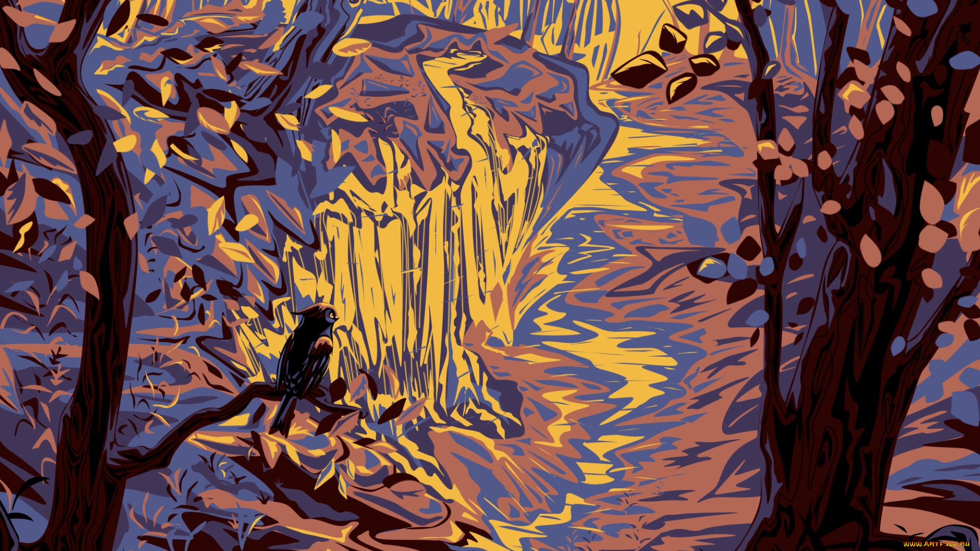 рисованное, природа, птица, лес, обрыв, ручей