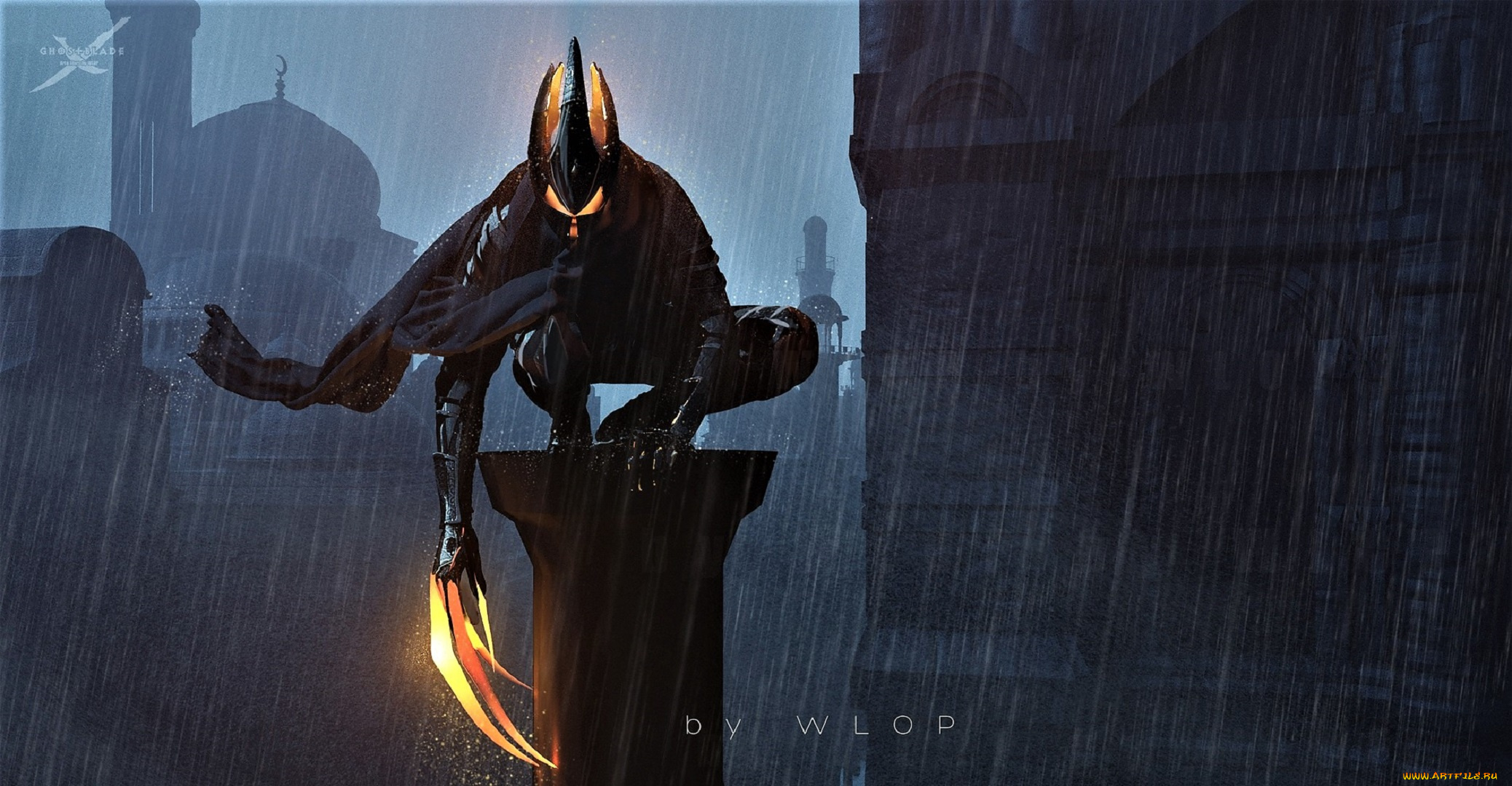 фэнтези, _ghost, blade, , , призрачный, клинок, существо, когти, плащ, колонна, город, дождь