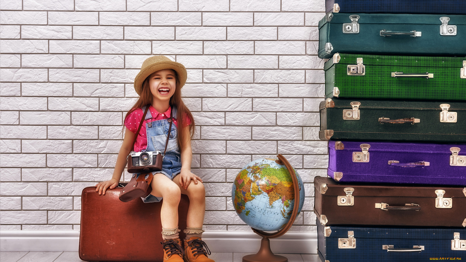 разное, дети, девочка, шляпа, фотоаппарат, чемоданы
