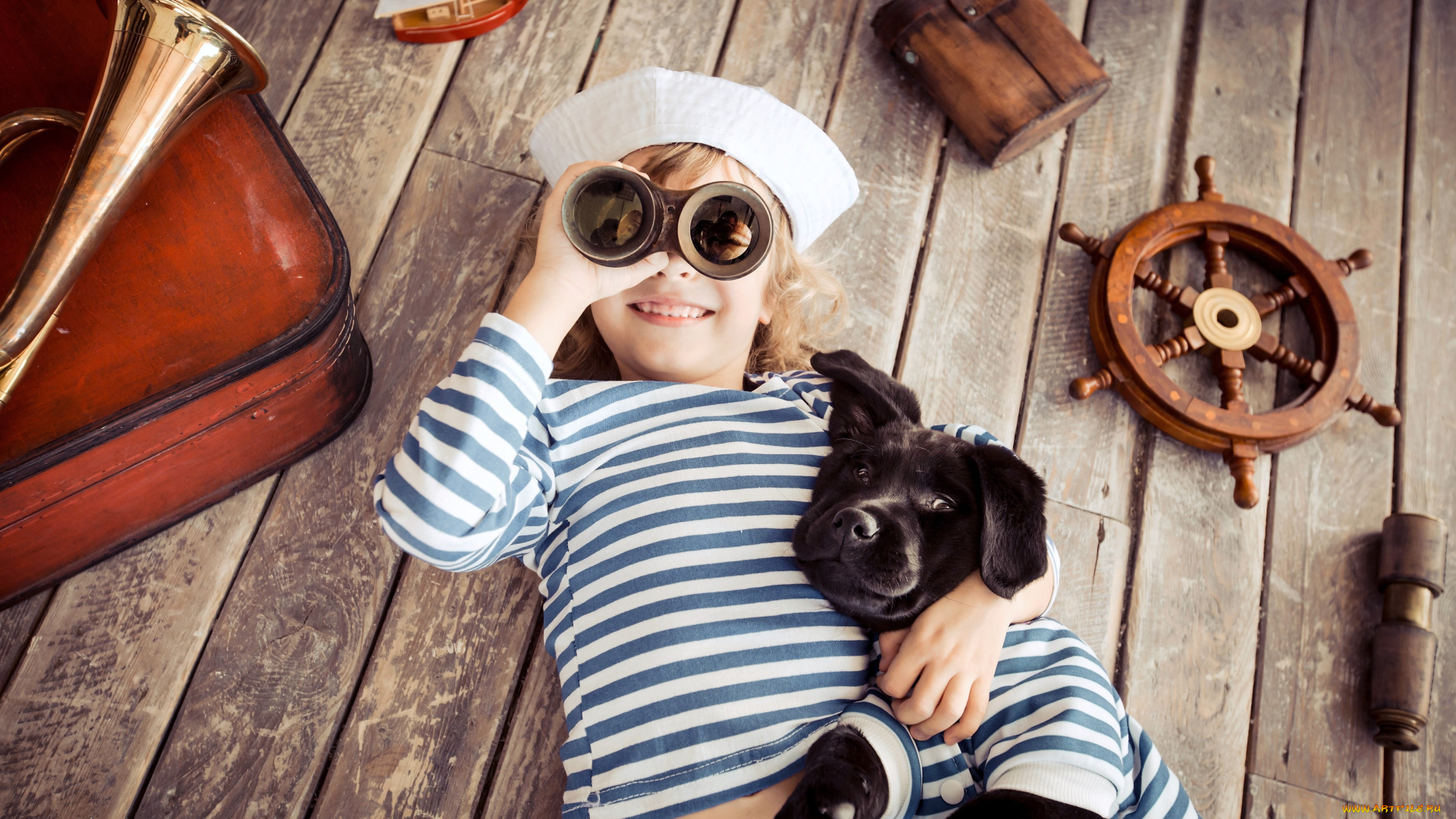 разное, дети, мальчик, тельняшка, щенок, бинокль