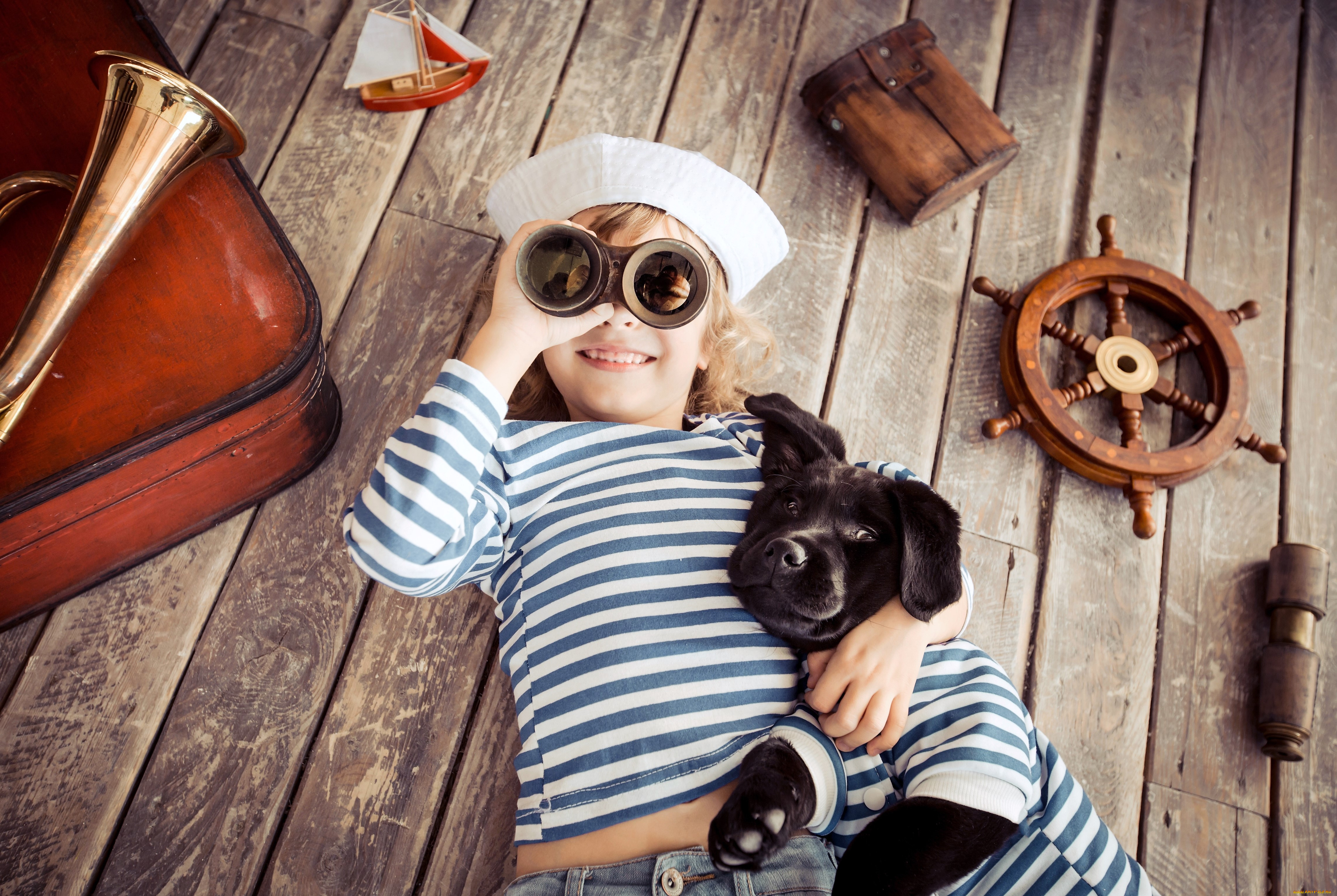 разное, дети, мальчик, тельняшка, щенок, бинокль