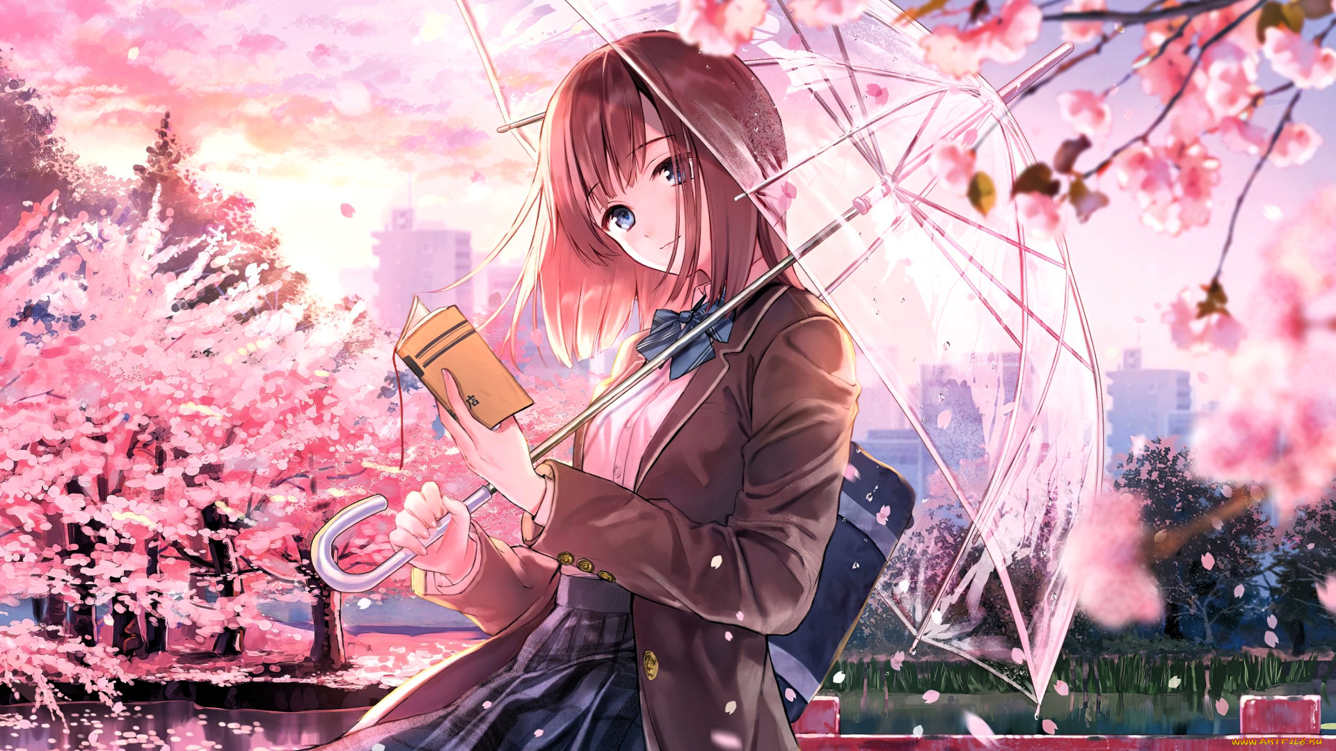 аниме, unknown, , другое, , девушка, зонт, книга, цветение