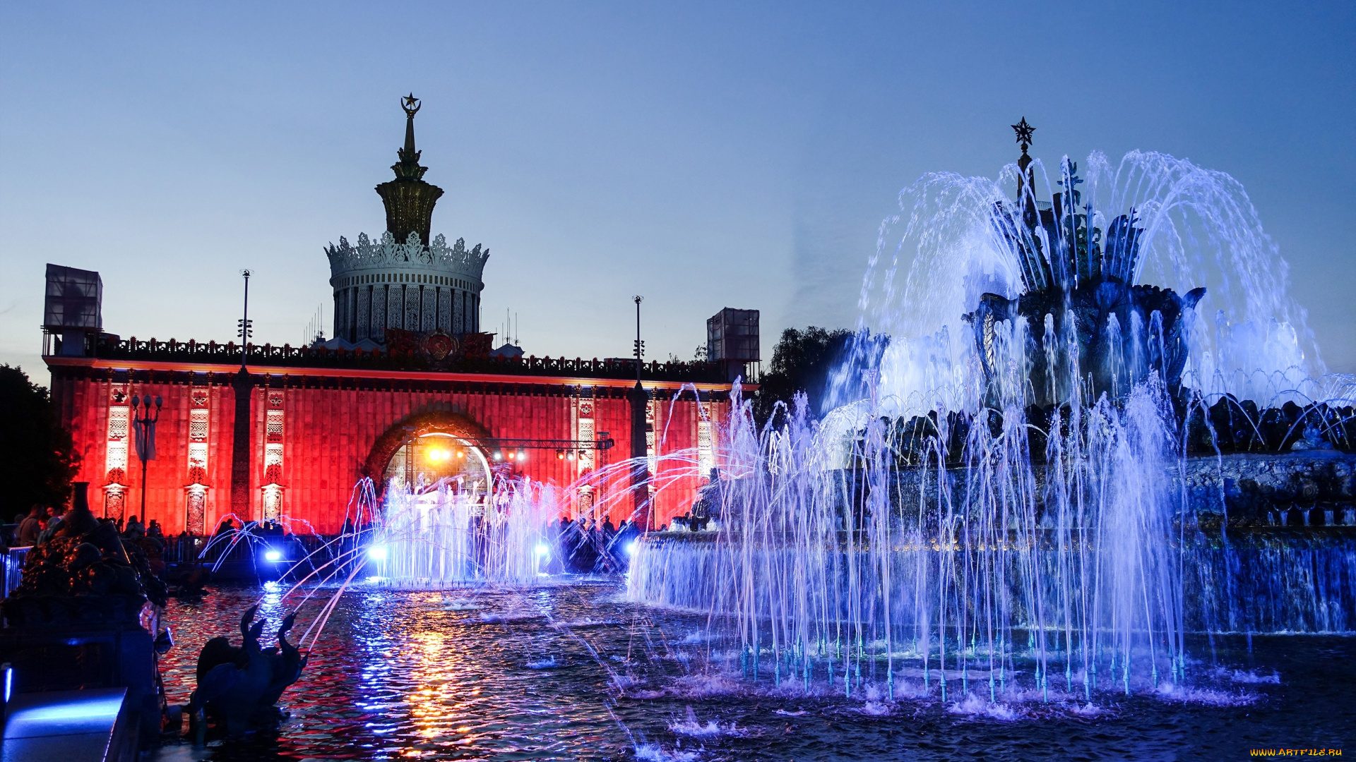 города, москва, , россия, москва, фонтаны, вечер