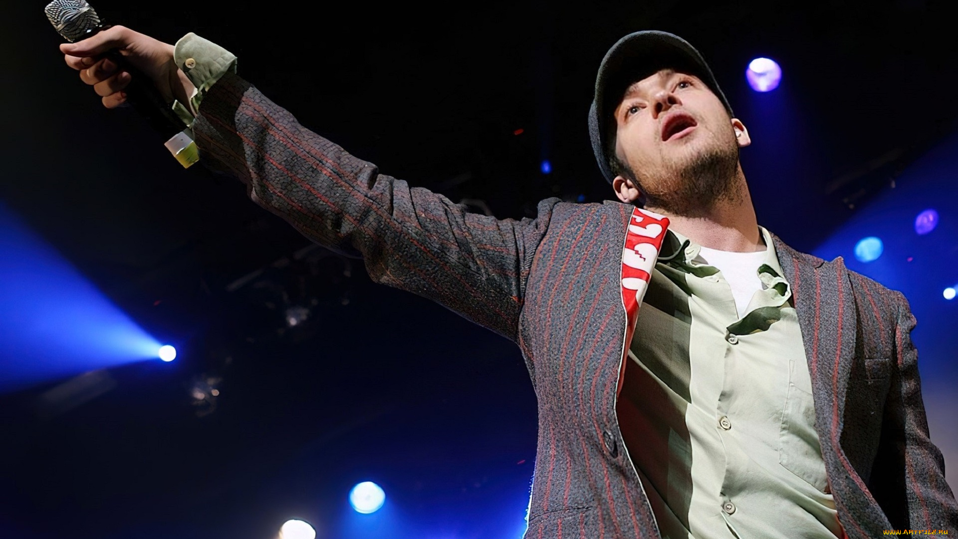 мужчины, justin, timberlake, актер, певец, микрофон, кепка, пиджак, сцена