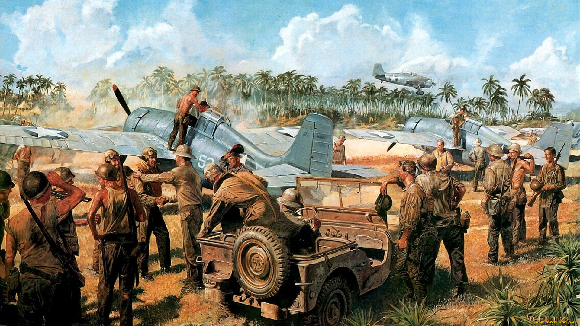 рисованное, армия, солдаты, техника, пальмы