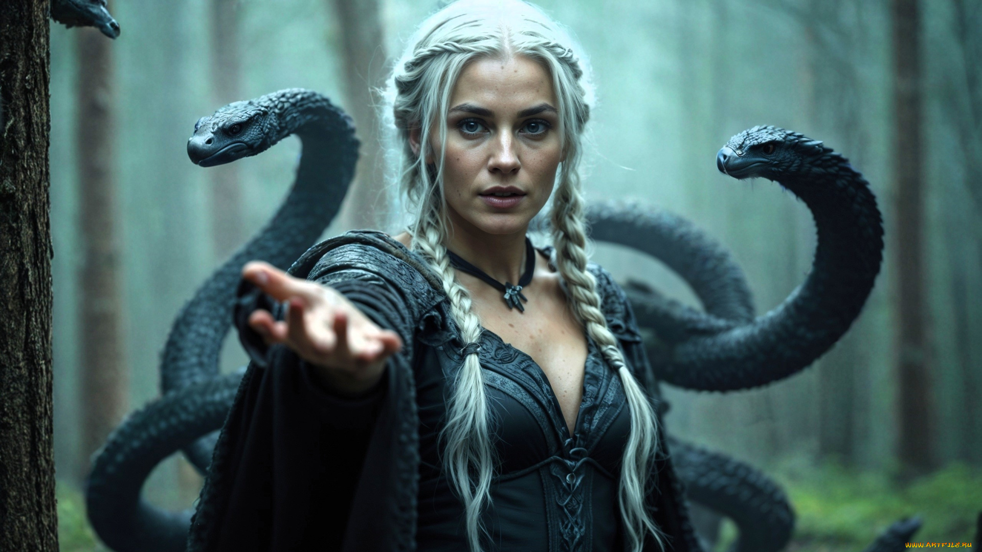 3д, графика, фантазия, , fantasy, девушка, блондинка, косы, змеи, жест, лес