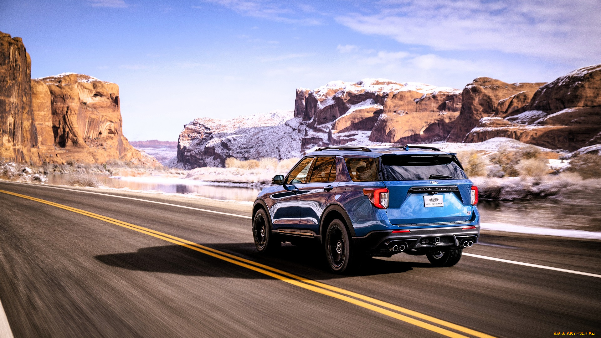 автомобили, ford, синий, скорость, дорога, скалы, снег