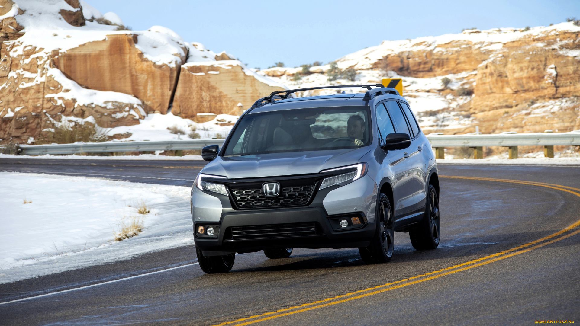 автомобили, honda, серебристый, дорога, поворот, снег, скалы