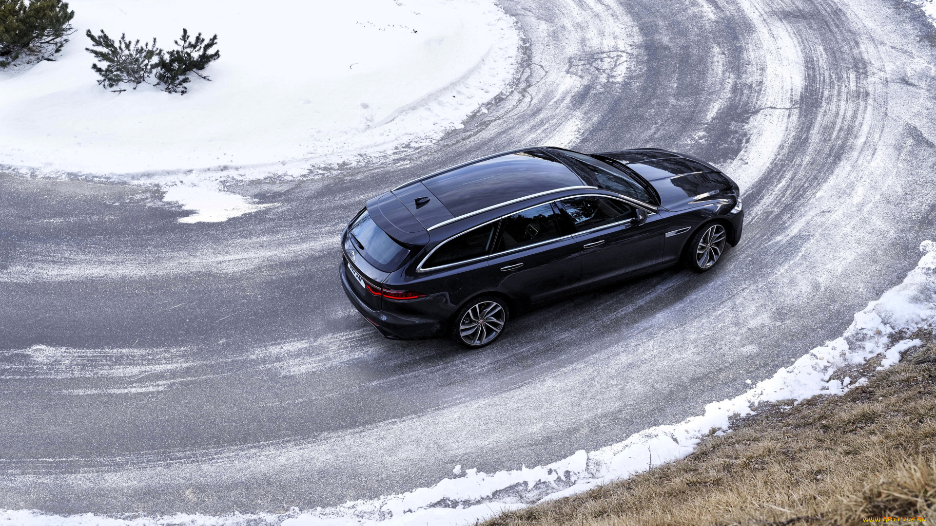 автомобили, jaguar, черный, дорога, поворот, снег