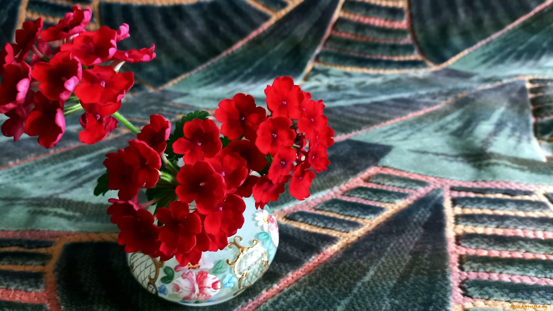 цветы, вербена, ваза, алая