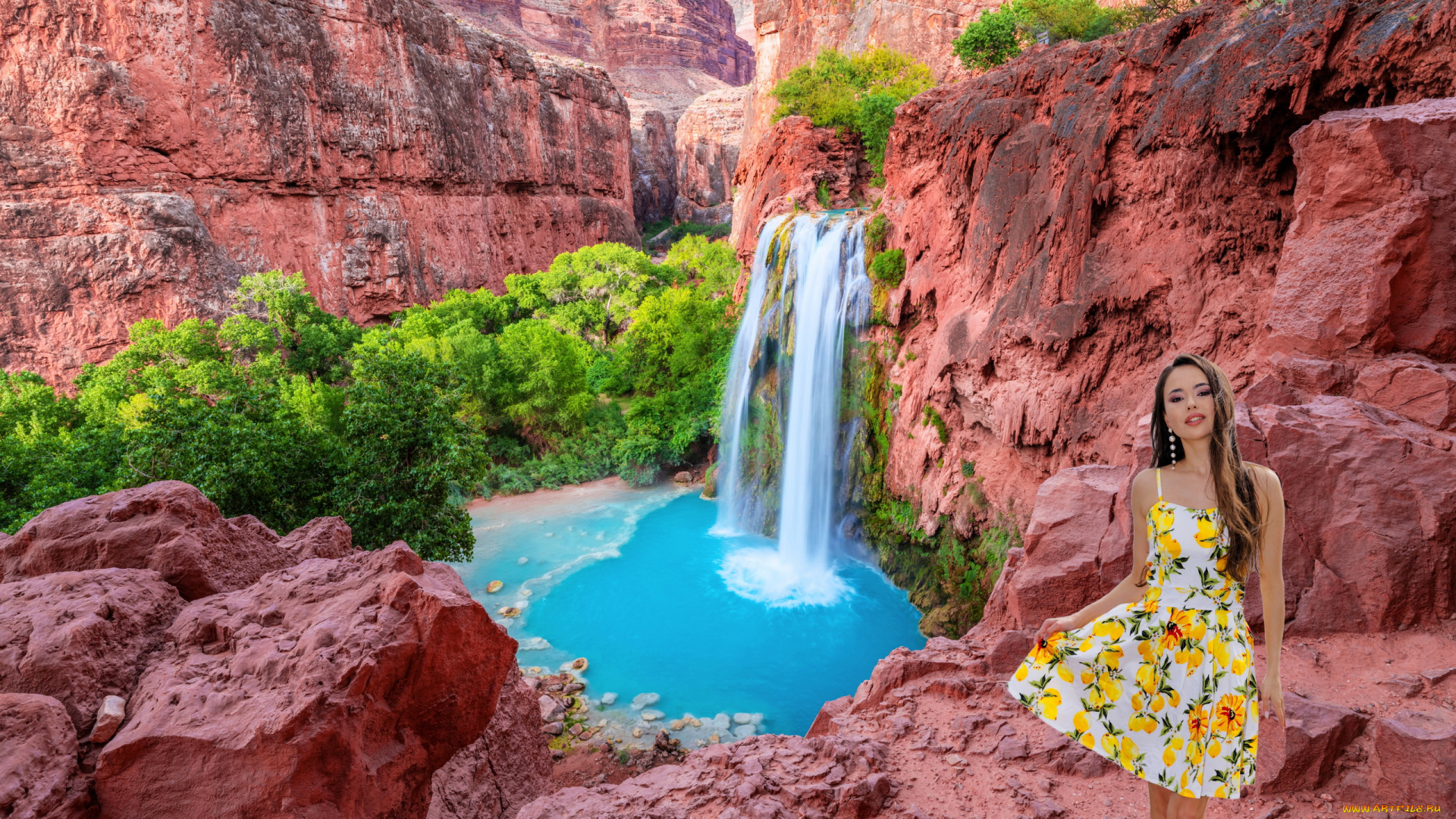 девушки, li, moon, азиатка, водопад, платье