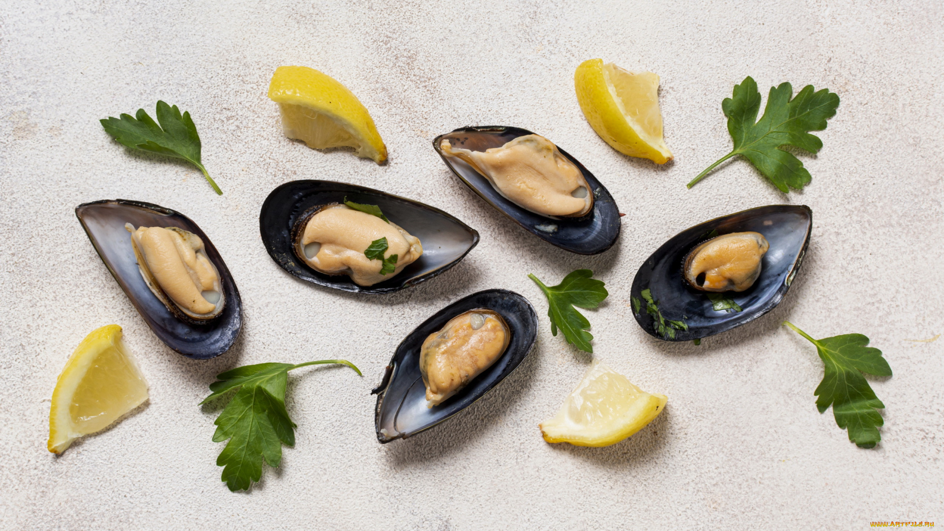 еда, рыбные, блюда, , с, морепродуктами, лимон, мидии, петрушка