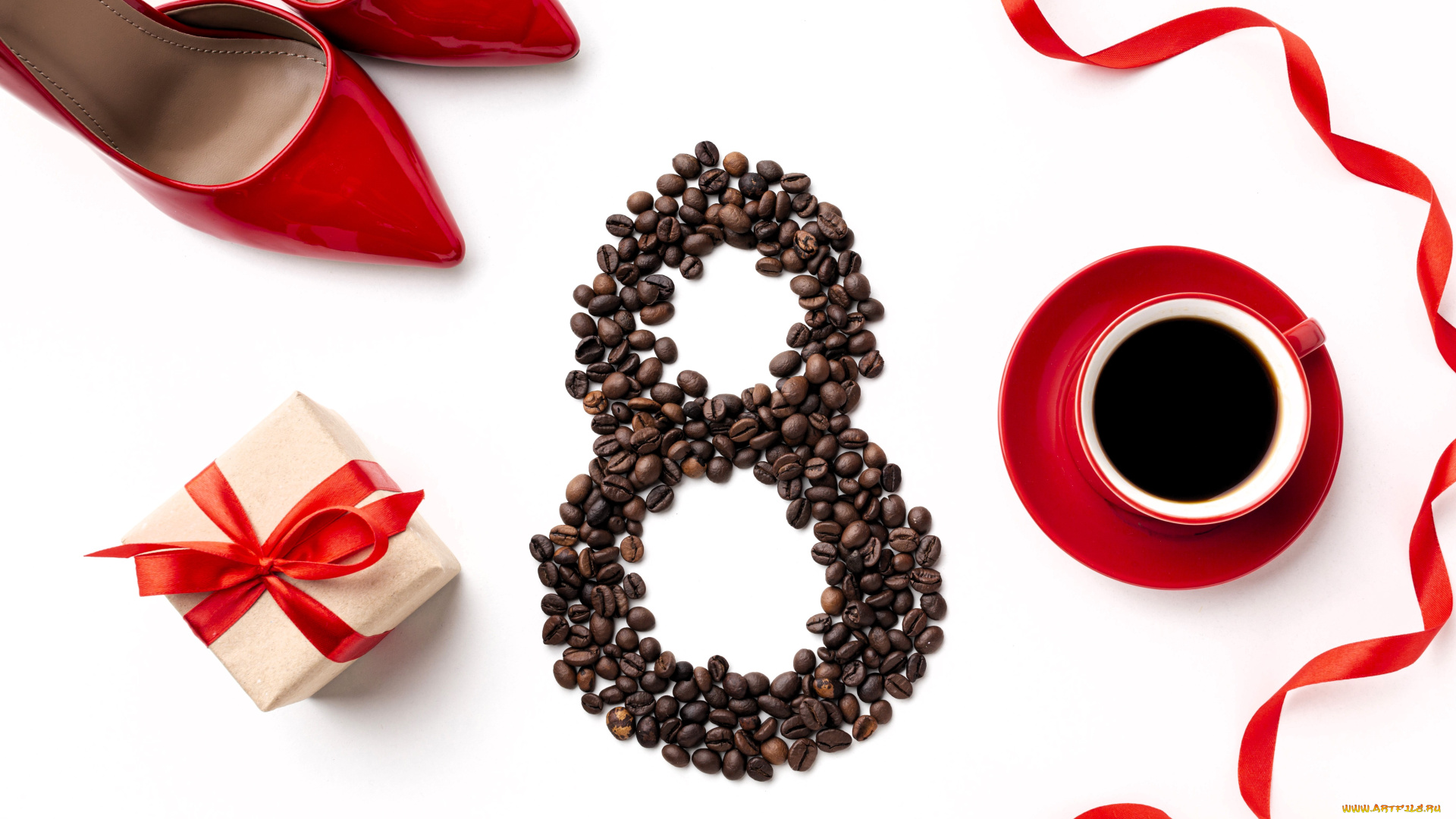 праздничные, международный, женский, день, -, 8, марта, туфли, кофе, цифра, зерна, подарок, чашка, лента