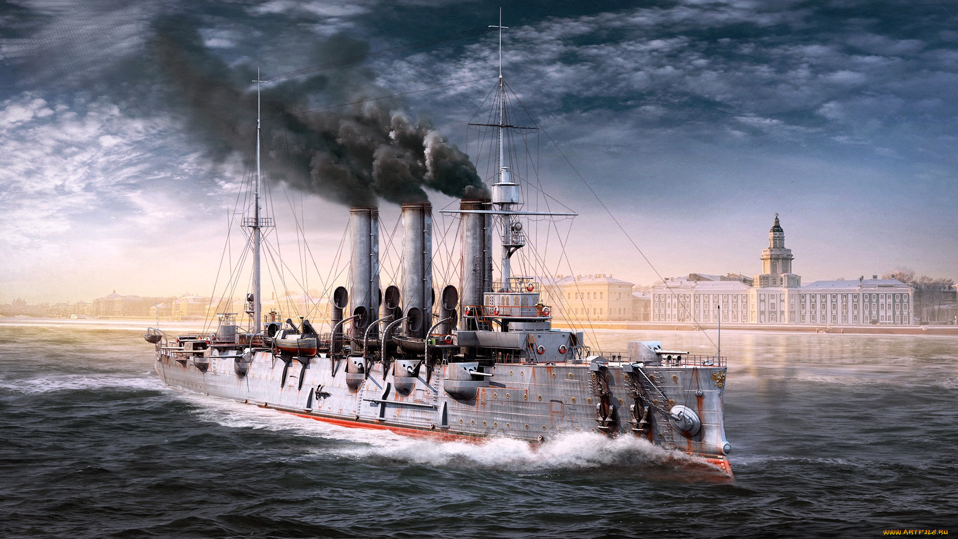 видео, игры, world, of, warships, корабль, крейсер, дым, море, тучи, здания