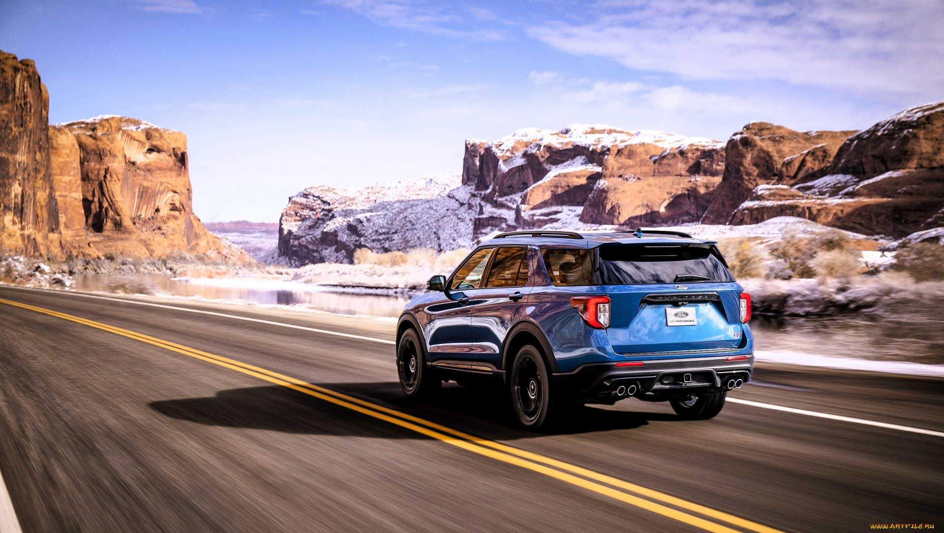 автомобили, ford, синий, скорость, дорога, скалы, снег