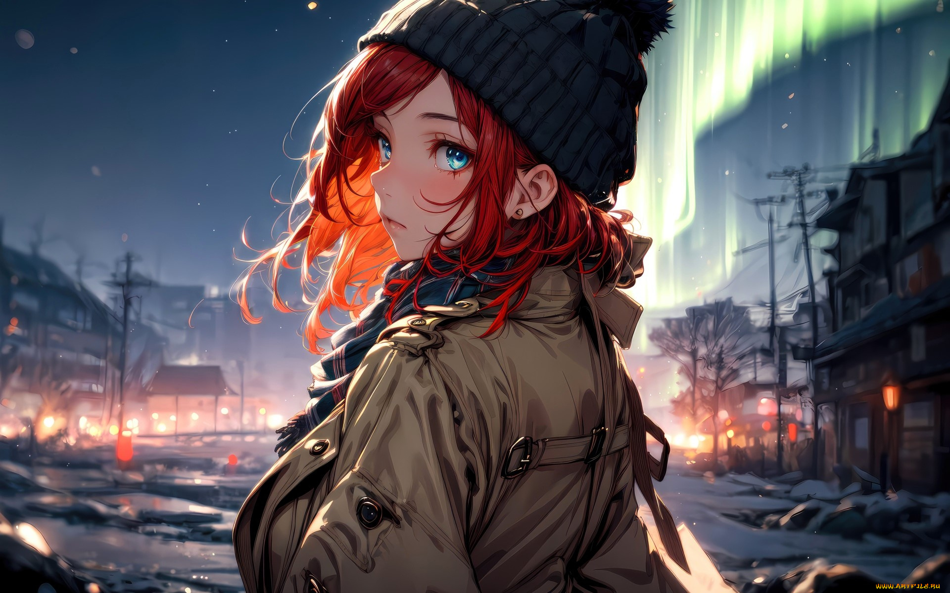 аниме, зима, , новый, год, , рождество, девушка, рыжая, шапка, северное, сияние, снег, дома