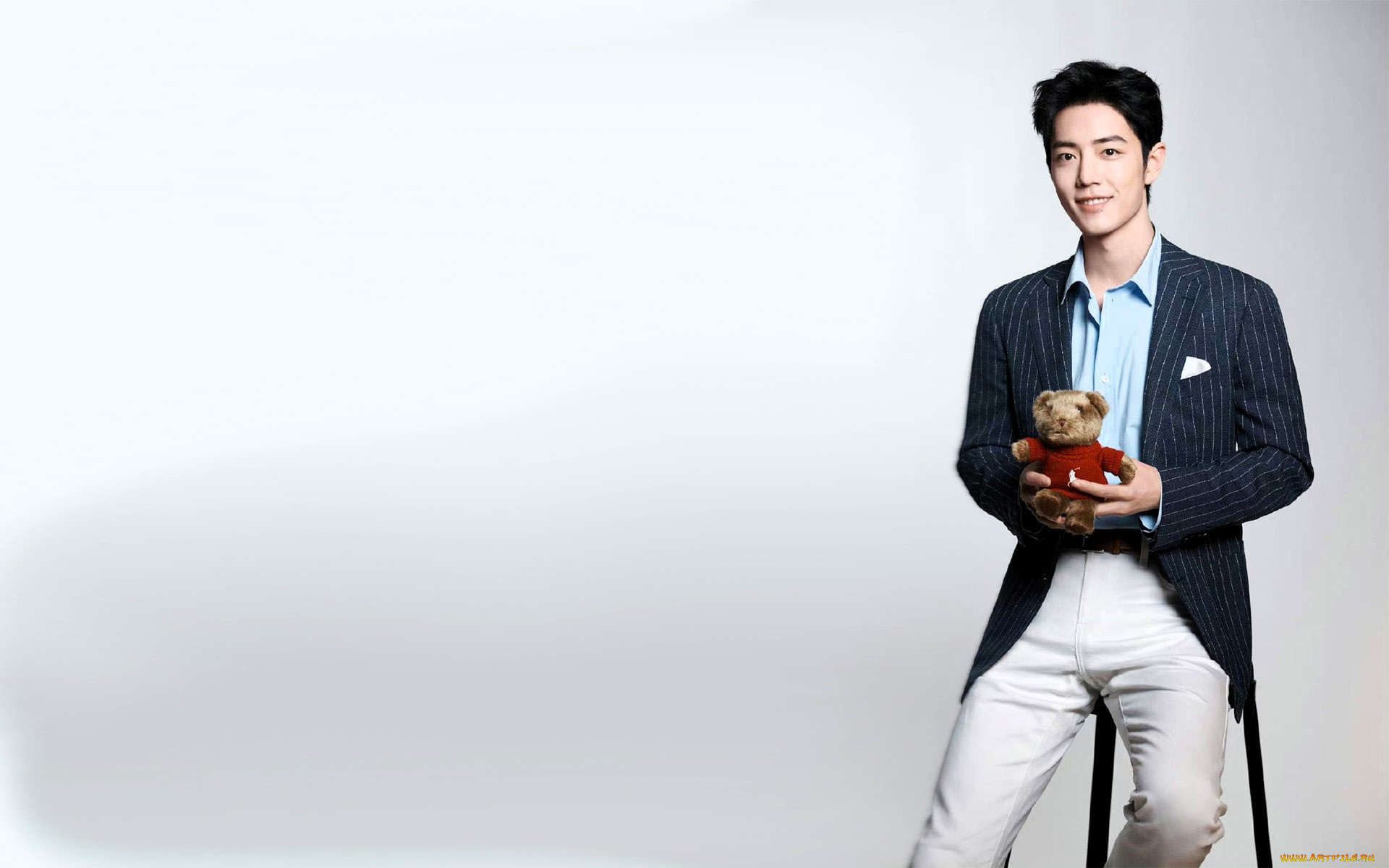 мужчины, xiao, zhan, актер, пиджак, мишка, игрушка, стул