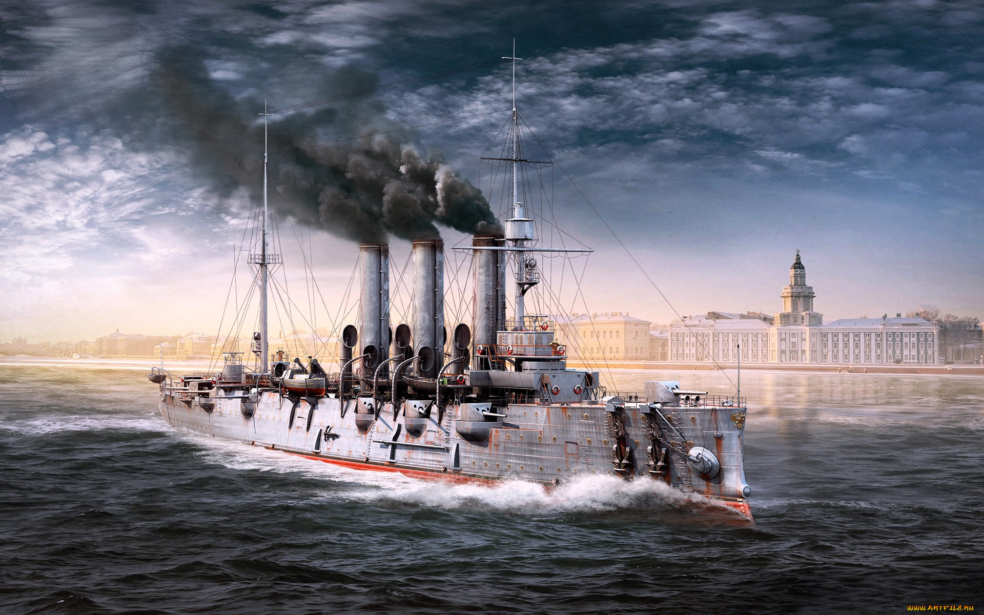 видео, игры, world, of, warships, корабль, крейсер, дым, море, тучи, здания