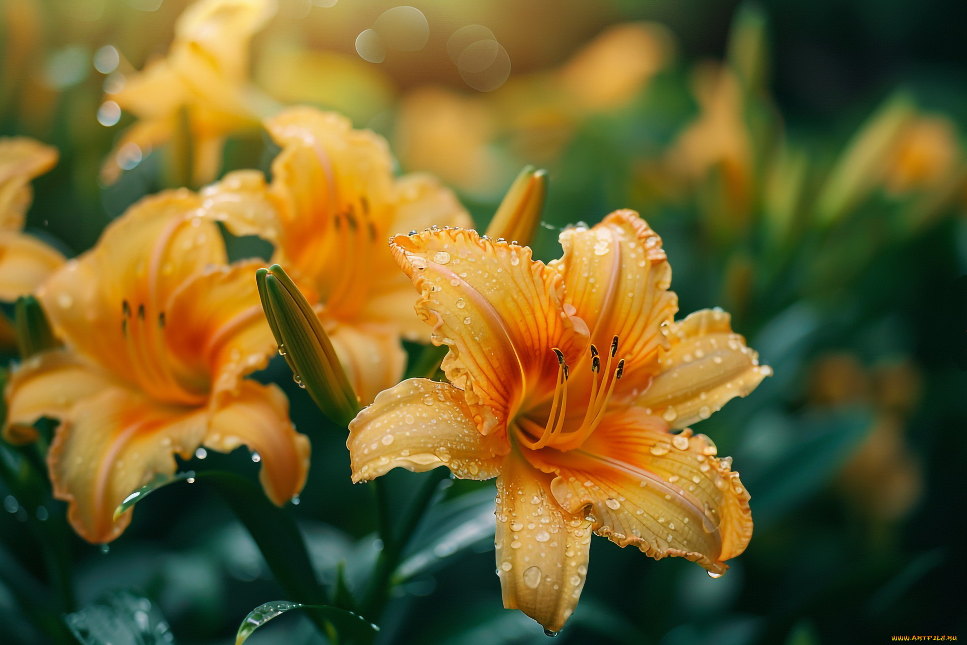 3д, графика, цветы, , flowers, лилейник, капли, макро